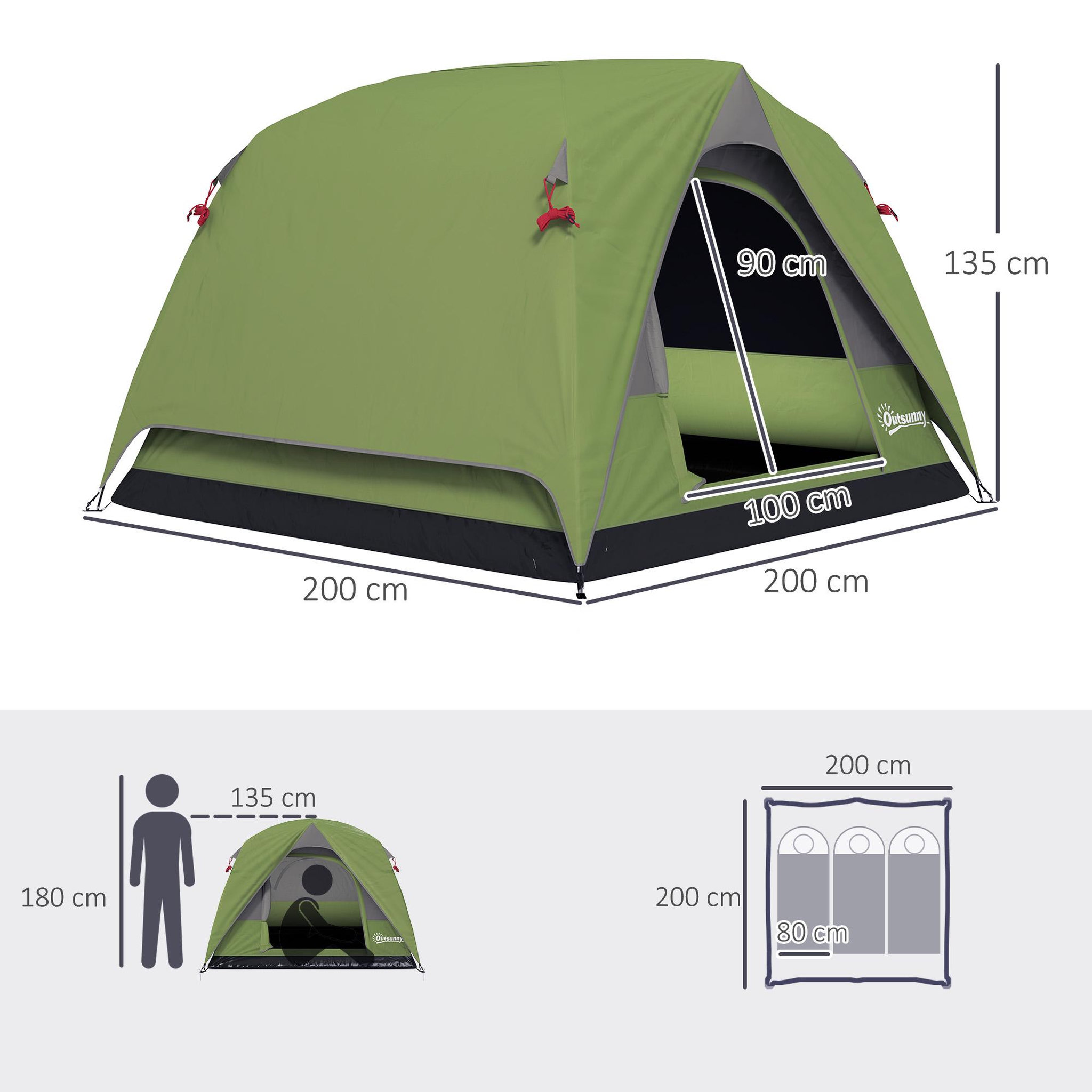 Voir la diapositive 3 : OUTSUNNY Tente de camping 2-3 personnes fenêtres, poche, sac de transport et crochet imperméabilité 3000 mm vert olive