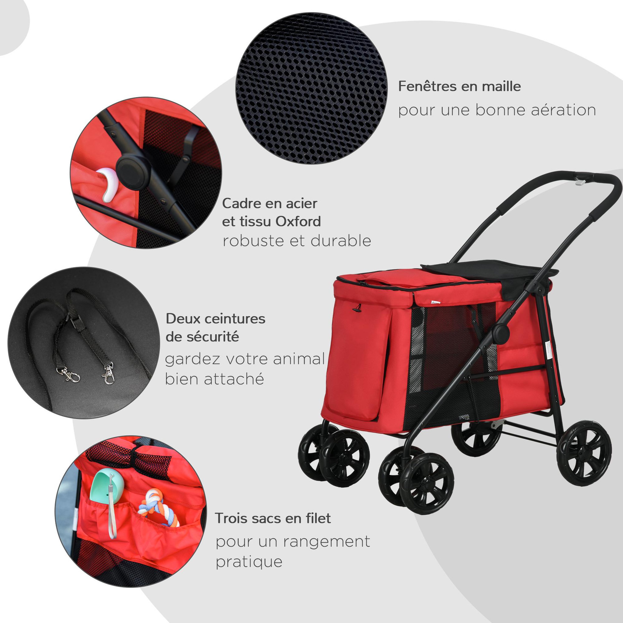 Voir la diapositive 6 : PAWHUT Poussette pliable pour chien chat 4 roues 3 pochettes rangement coussin acier oxford rouge