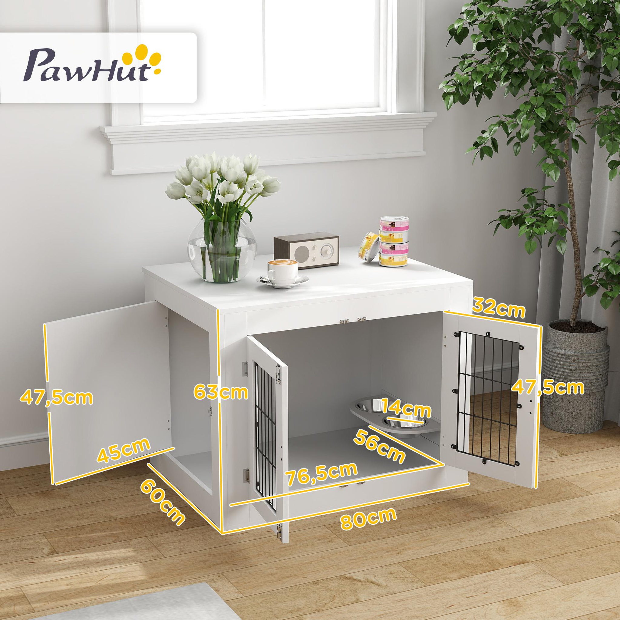 Voir la diapositive 3 : PAWHUT Cage chien intérieure - 2 portes - 2 bols rotatifs 360° - 80 x 60 x 63 cm - blanc