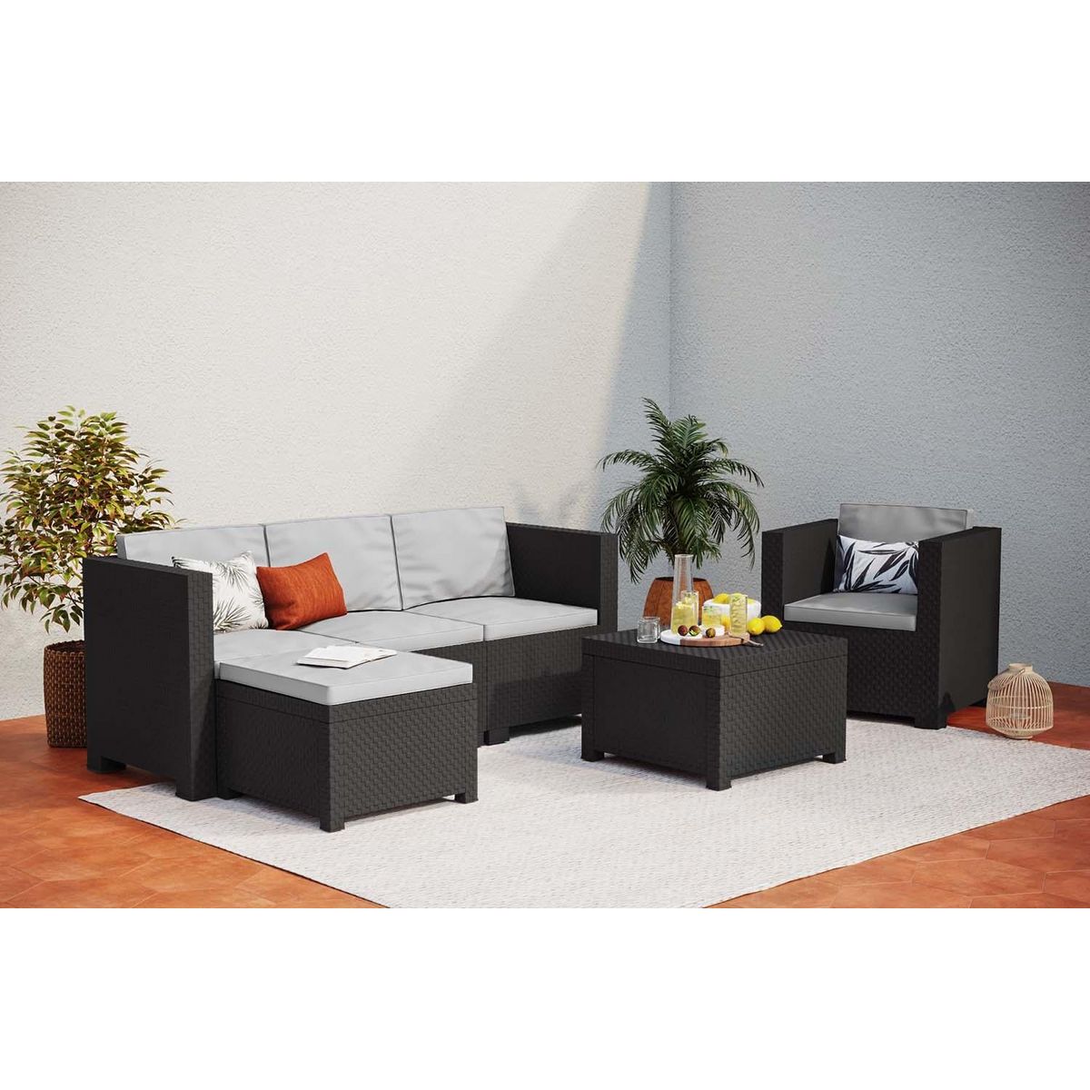 CONCEPT USINE Salon de jardin en résine tressée 5 places gris-noir RIO