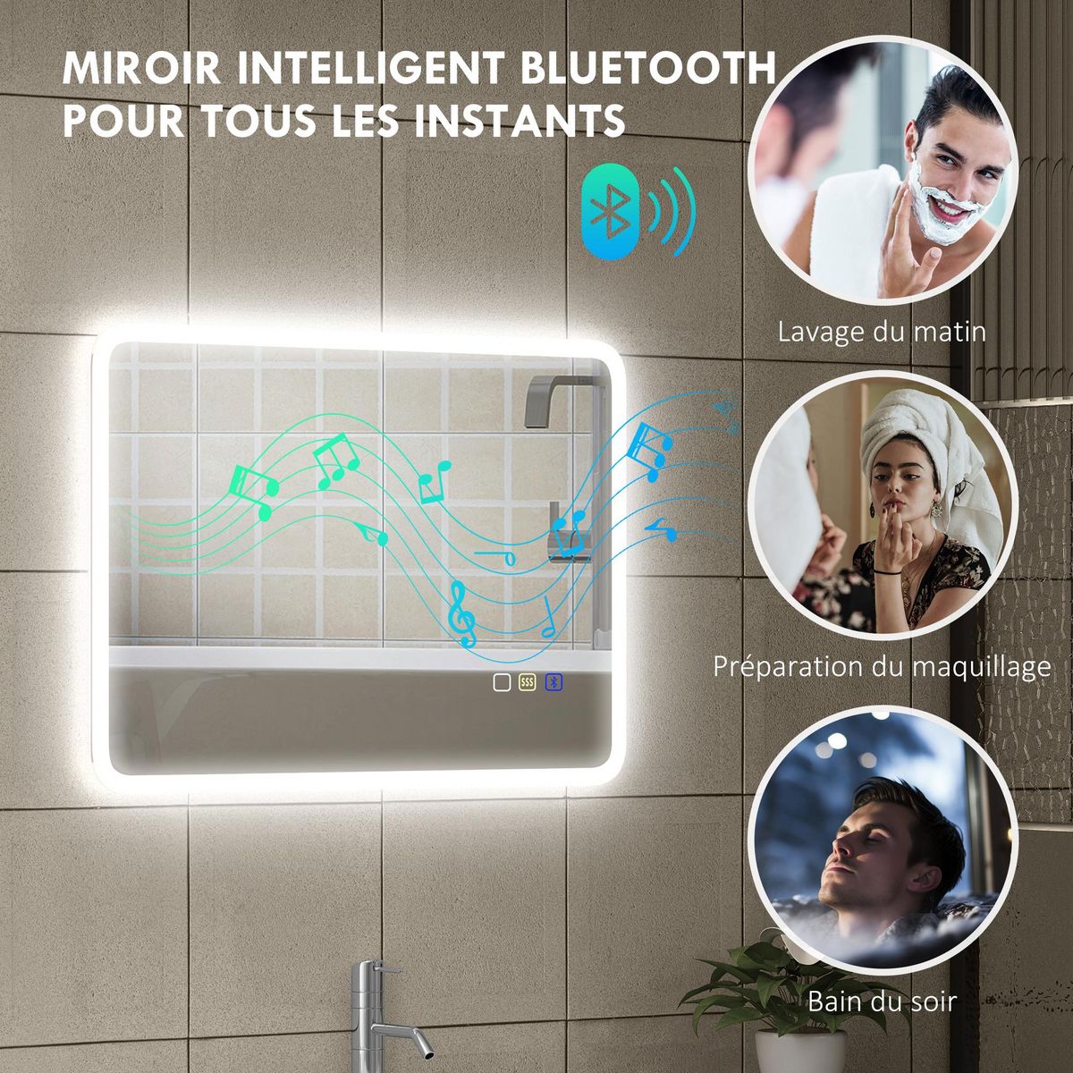 HOMCOM Miroir lumineux LED salle de bain 50 x 70 cm bluetooth interrupteur tactile lumière réglable 3 couleurs fonction anti-buée et mémoire