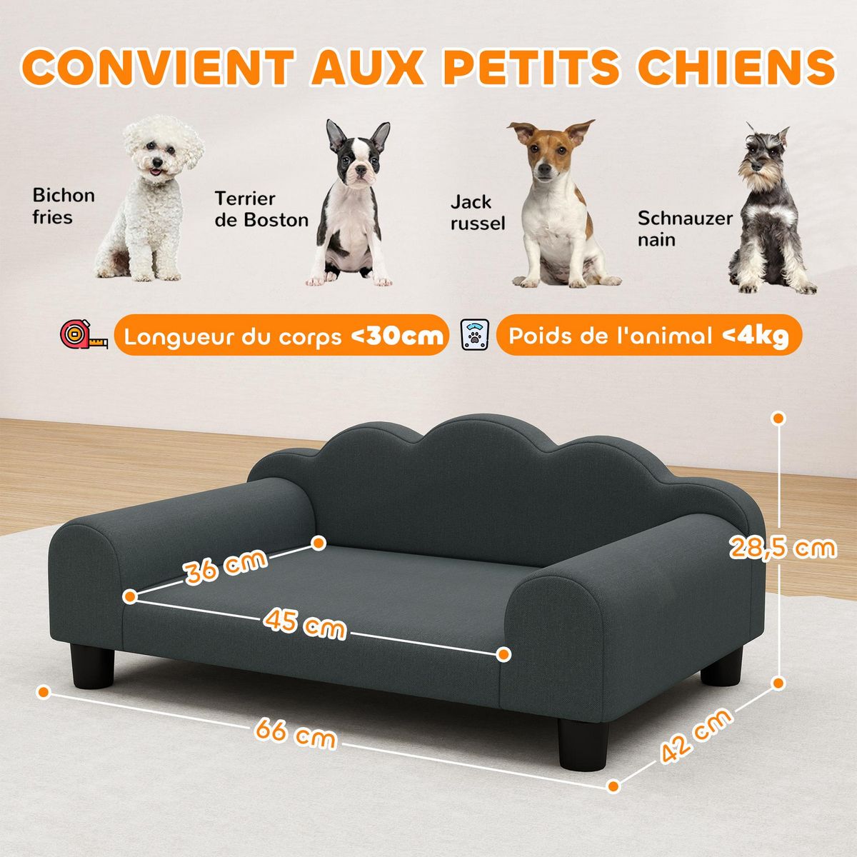 PAWHUT Canapé chien lit pour chien chat design contemporain coquillage dim. 66L x 42l x 28,5H cm gris