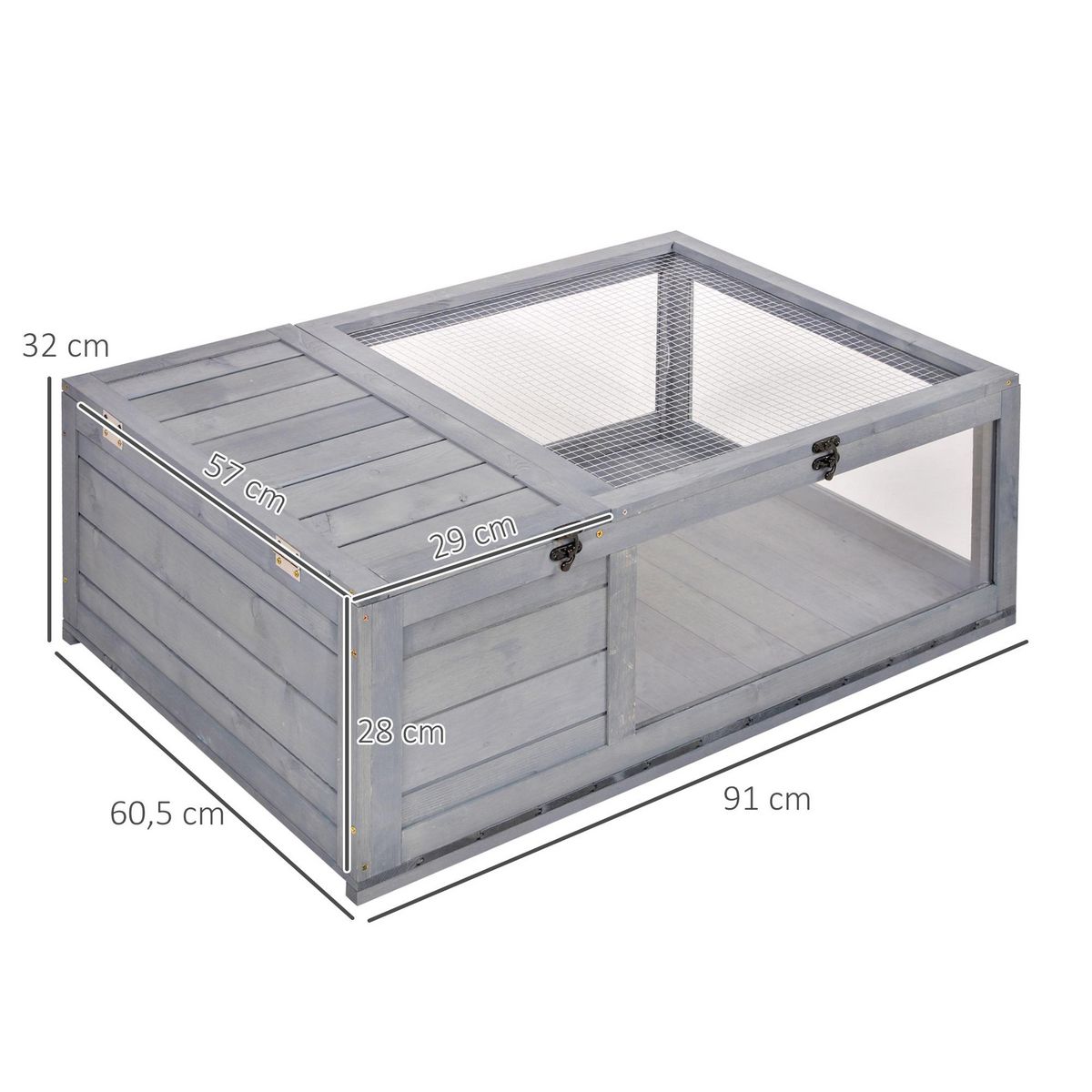 PAWHUT Enclos pour tortue - parc pour tortue - niche, enclos extérieur, toits ouvrants verrouillables - plexiglas métal sapin gris