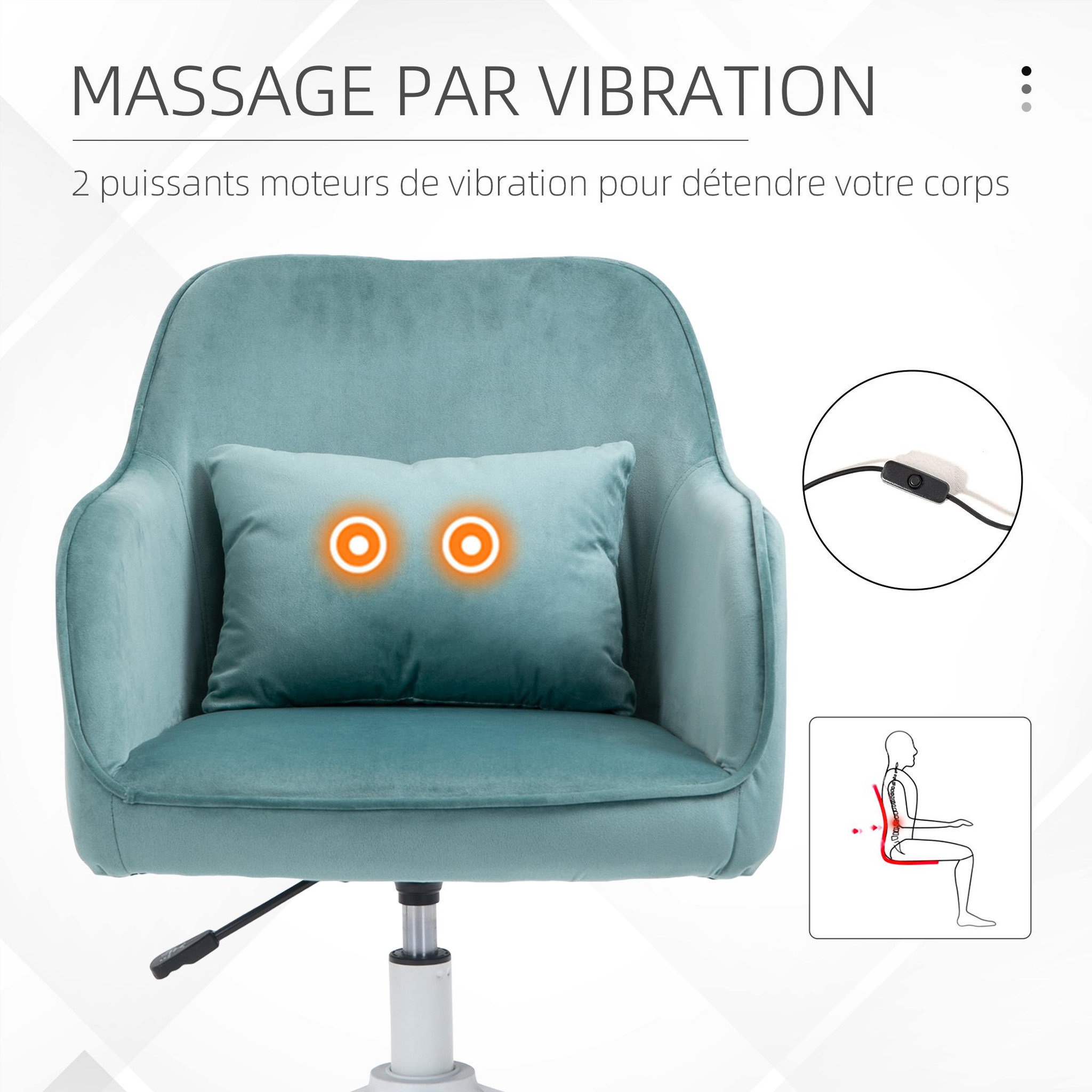 Voir la diapositive 4 : HOMCOM Chaise de bureau velours fauteuil bureau massant coussin lombaire intégré hauteur réglable pivotante 360° vert menthe