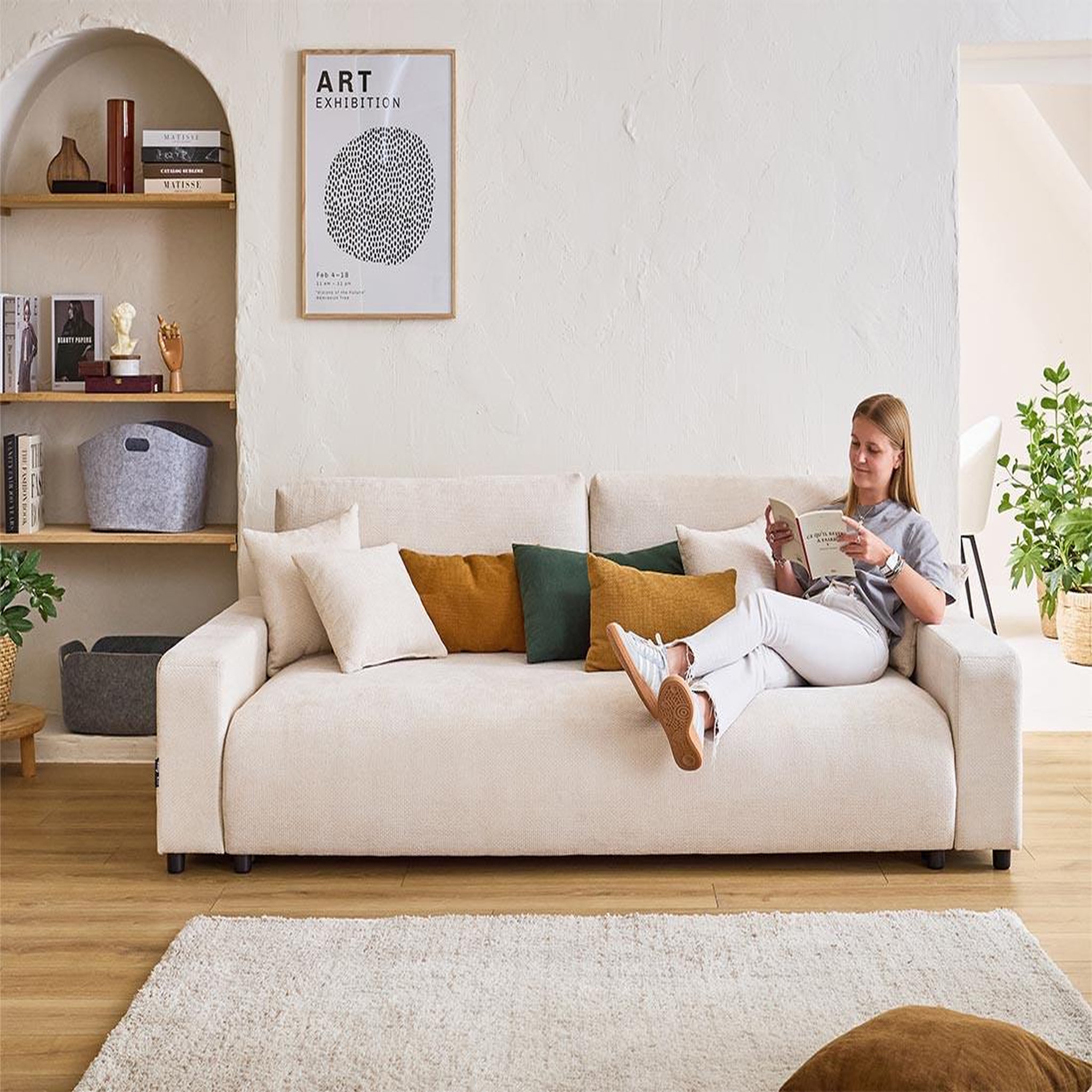 Voir la diapositive 4 : BEST MOBILIER Pivoine - canapé droit 3 places - convertible avec coffre - en velours texturé