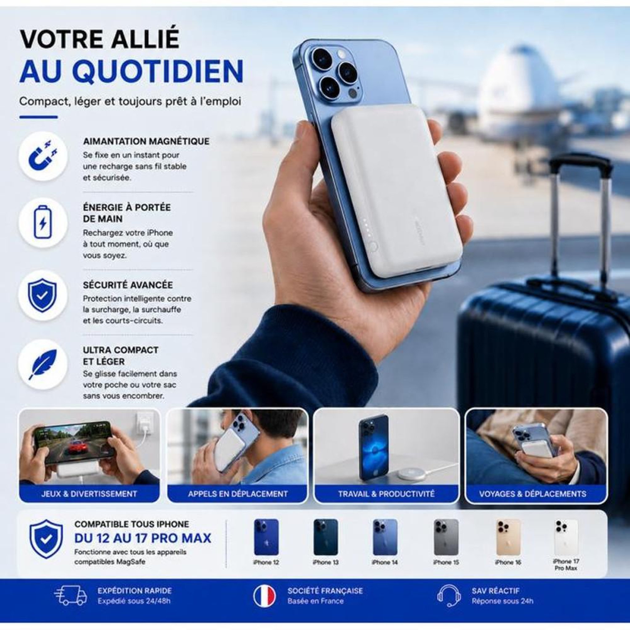 Voir la diapositive 5 : Coffret accessoires MagSafe 5 en 1 pour iPhone 13 Pro Max : batterie sans fil 5000 mAh, coque transparente, chargeur induction, adaptateur 20 W et câble USB