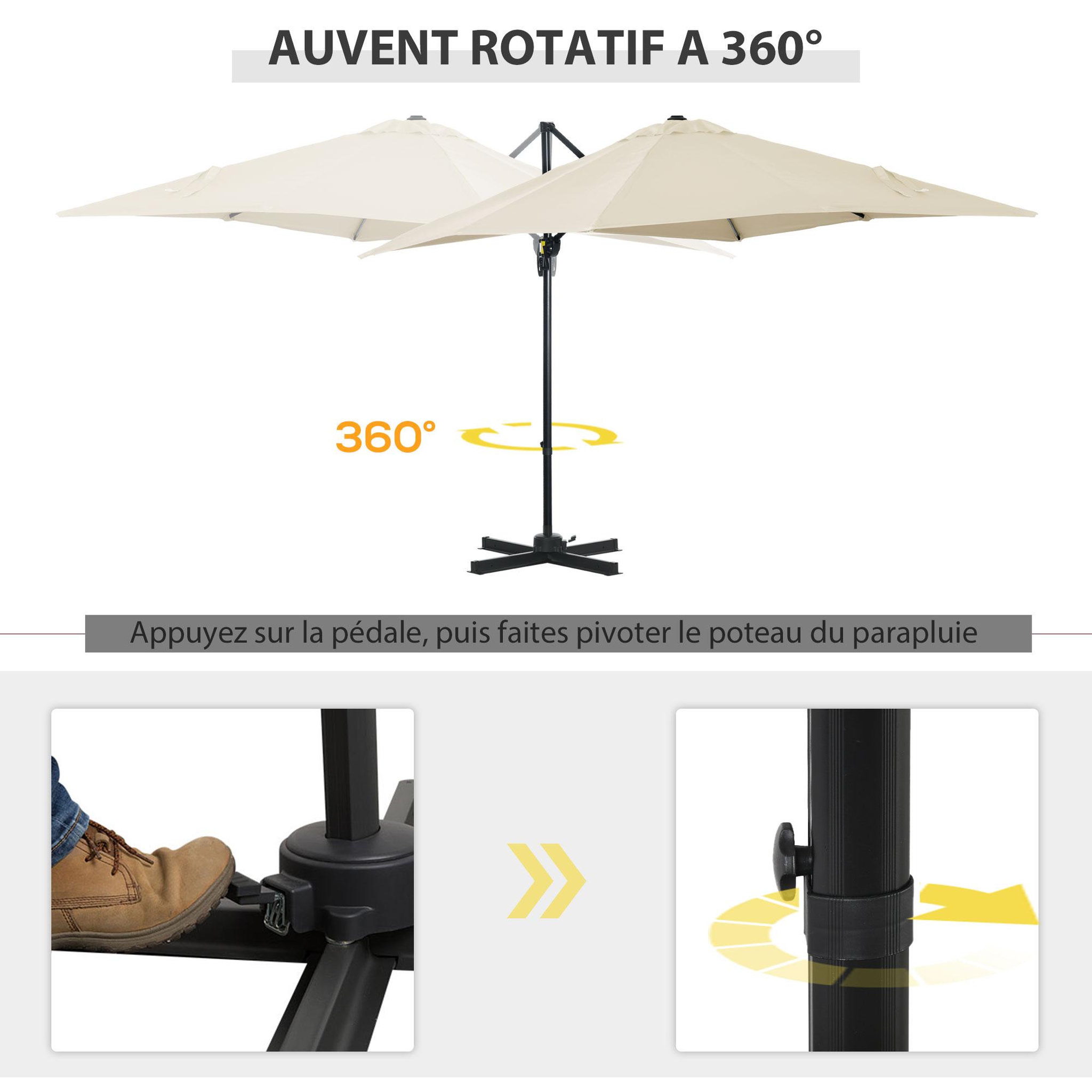 Voir la diapositive 4 : OUTSUNNY Parasol déporté carré inclinable manivelle avec pied en acier dim. 2,45L x 2,45l x 2,45H m métal alu. polyester haute densité beige