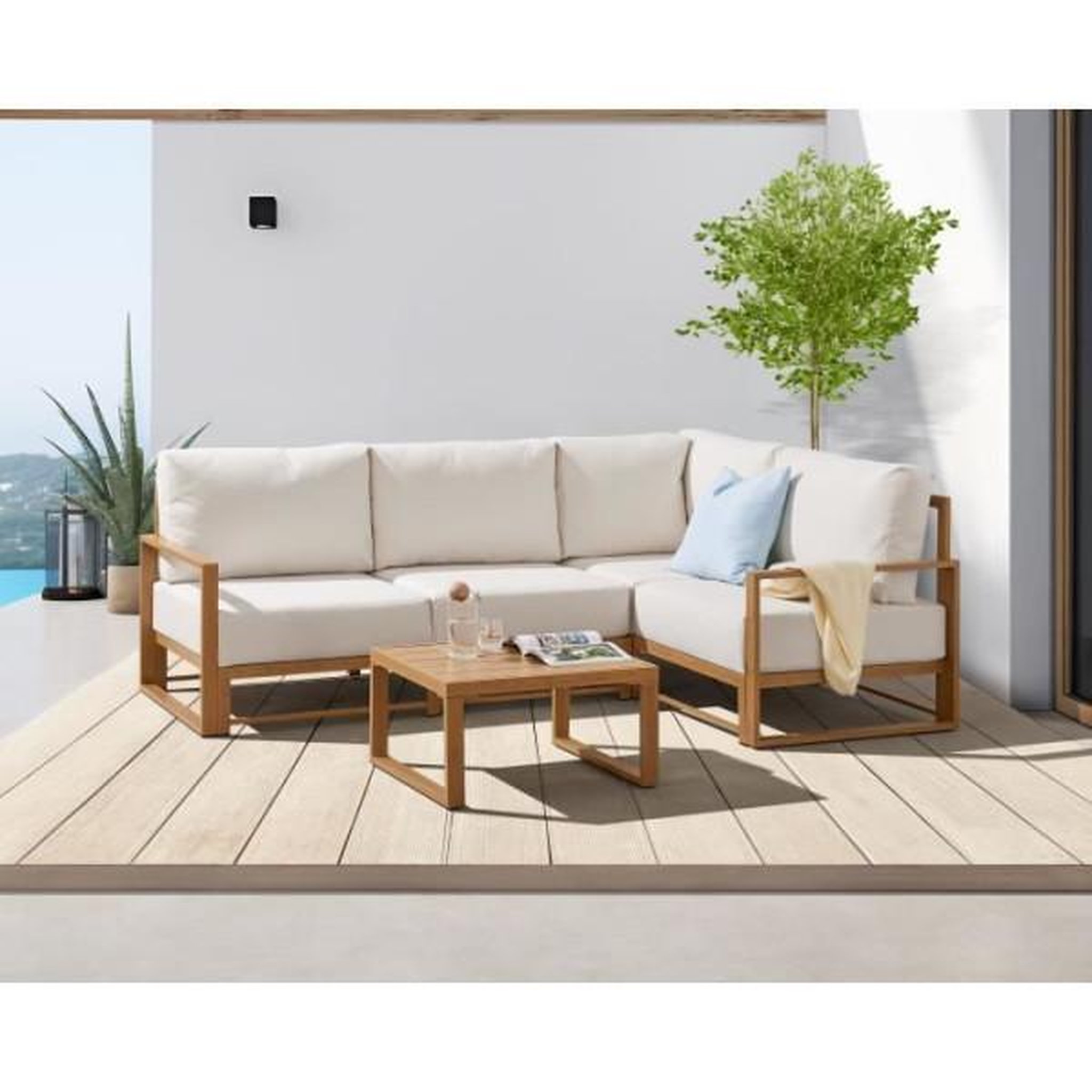 Voir la diapositive 2 : Salon de jardin canapé d'angle - Aluminium effet bois - 5 personnes - Ecru