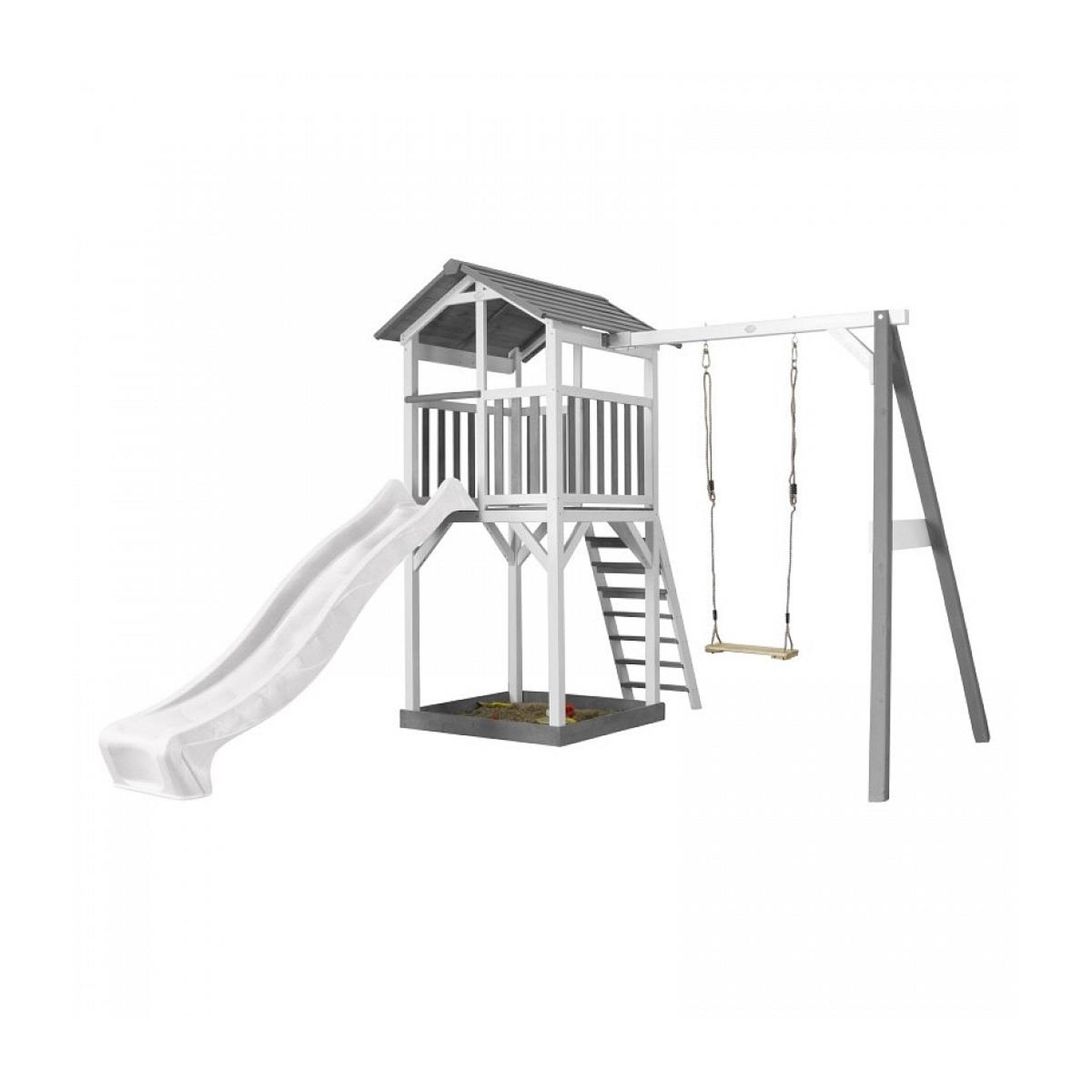 Axi House AXI Structure de jeu Beach Tower Blanc gris avec 1 balancoire et toboggan Blanc et bac à sable