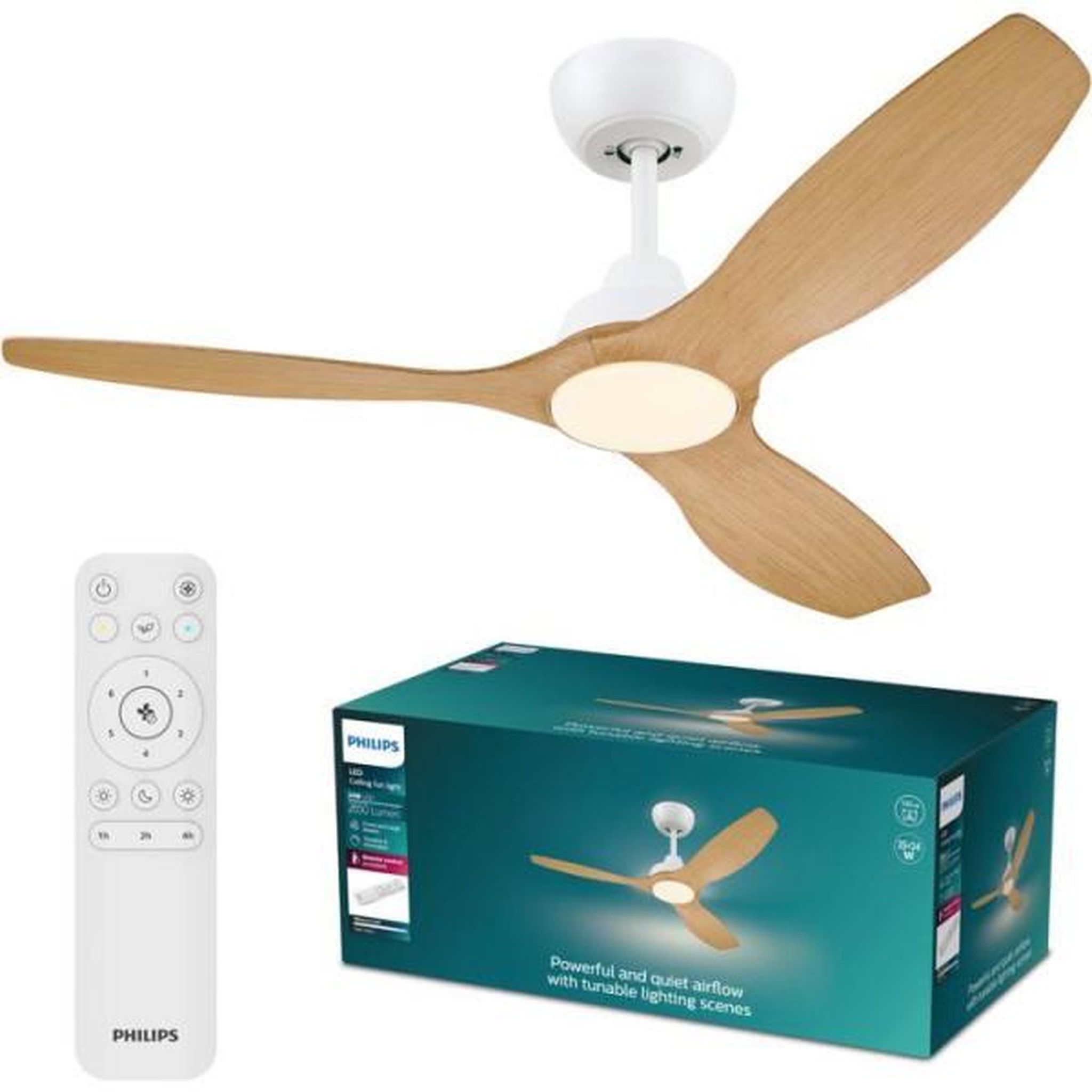 Philips Ventilateur de plafond - plafonnier  - philips - olas - pales fixes - diametre 132 cm - blanc/bois - led intégrée + télécommande