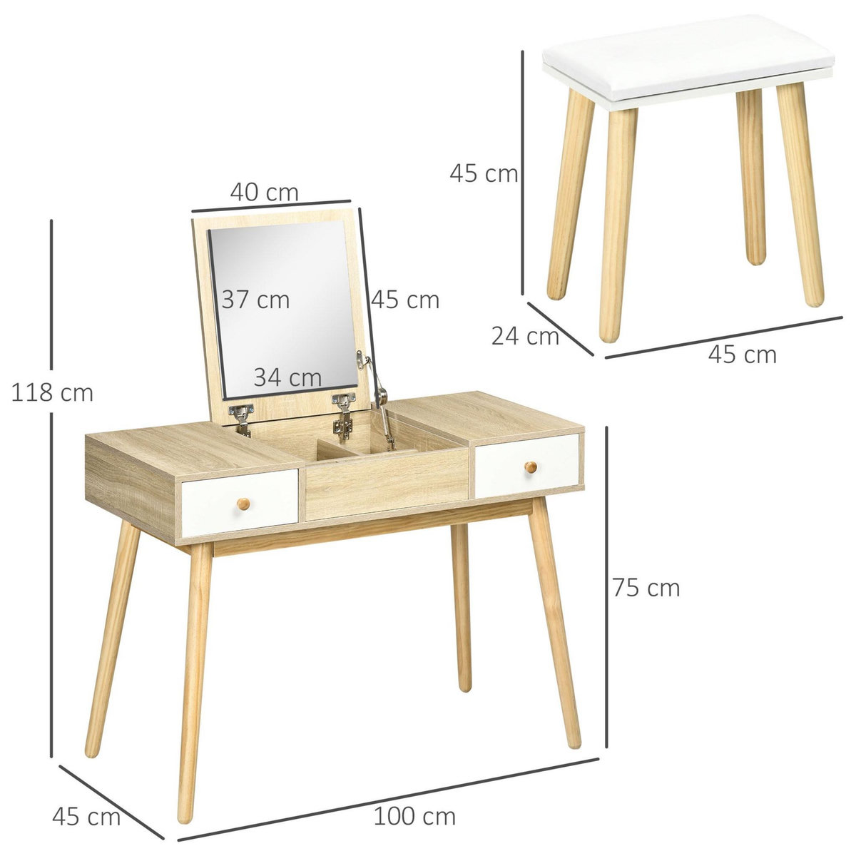 HOMCOM Coiffeuse avec tabouret style scandinave - 2 tiroirs, compartiment porte miroir -  panneaux aspect chêne clair blanc