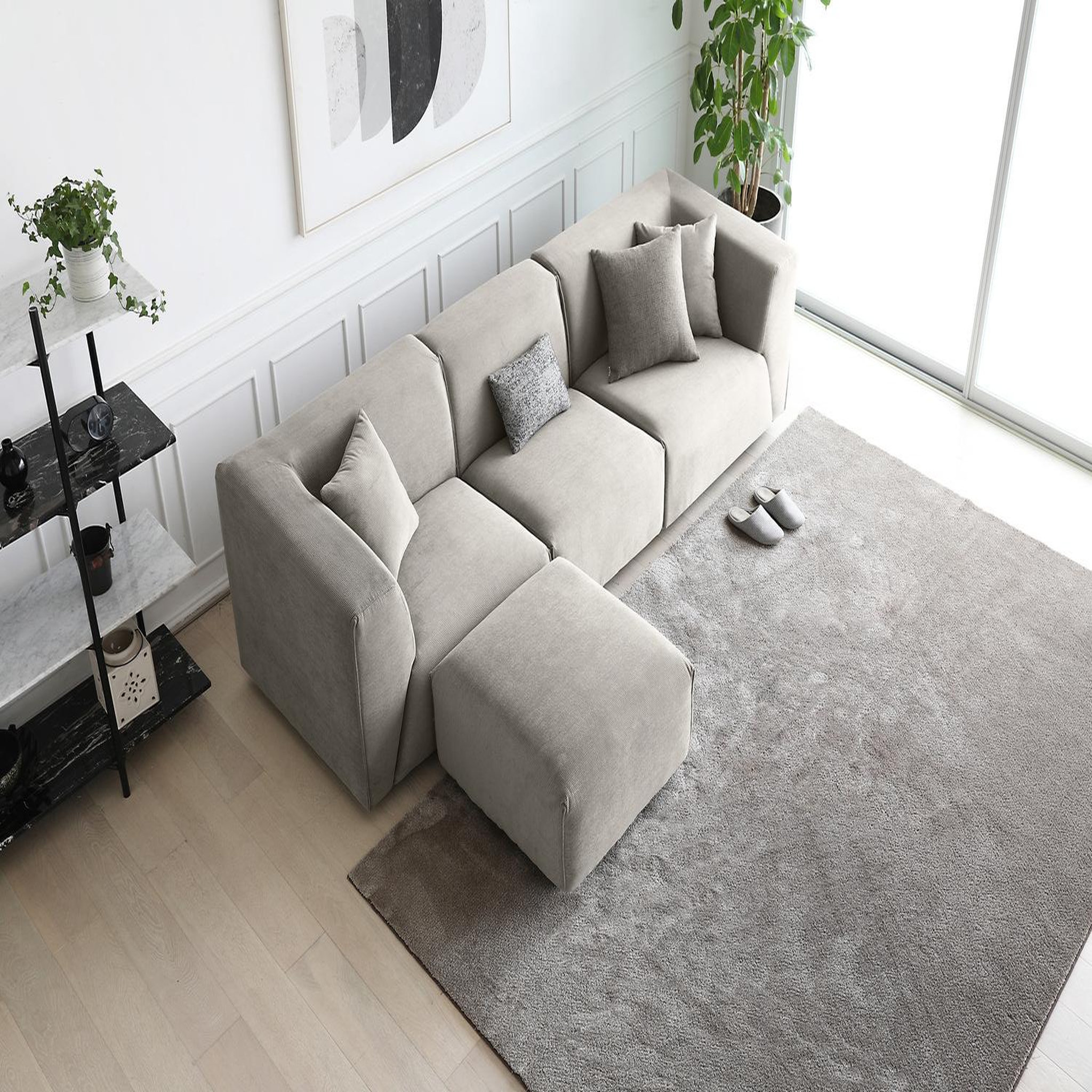 Voir la diapositive 5 : CONCEPT USINE Canapé 3 places + 1 pouf velours côtelé modulable gris clair monroe