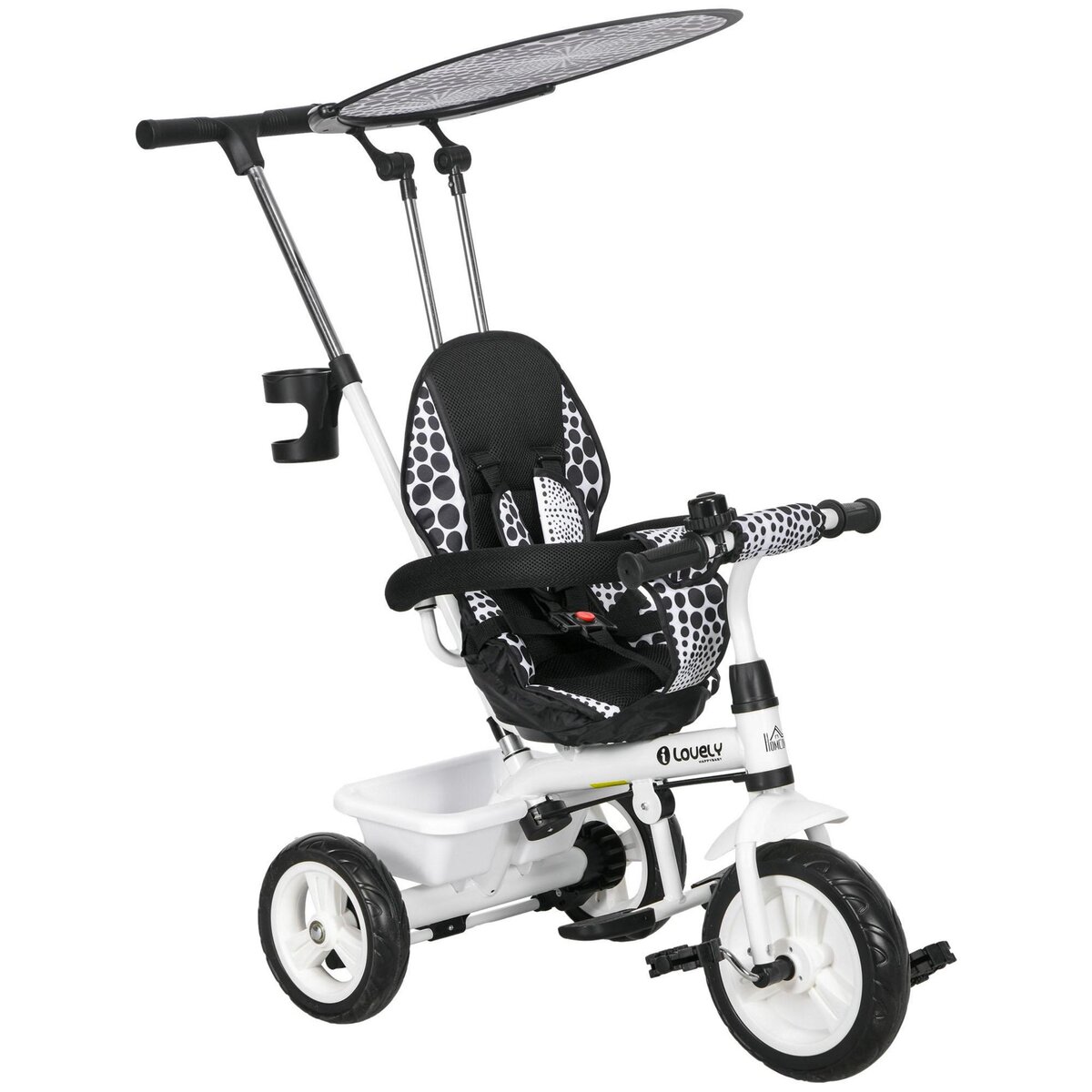 HOMCOM Tricycle enfant pare-soleil pliable canne amovible benne rangement acier blanc noir