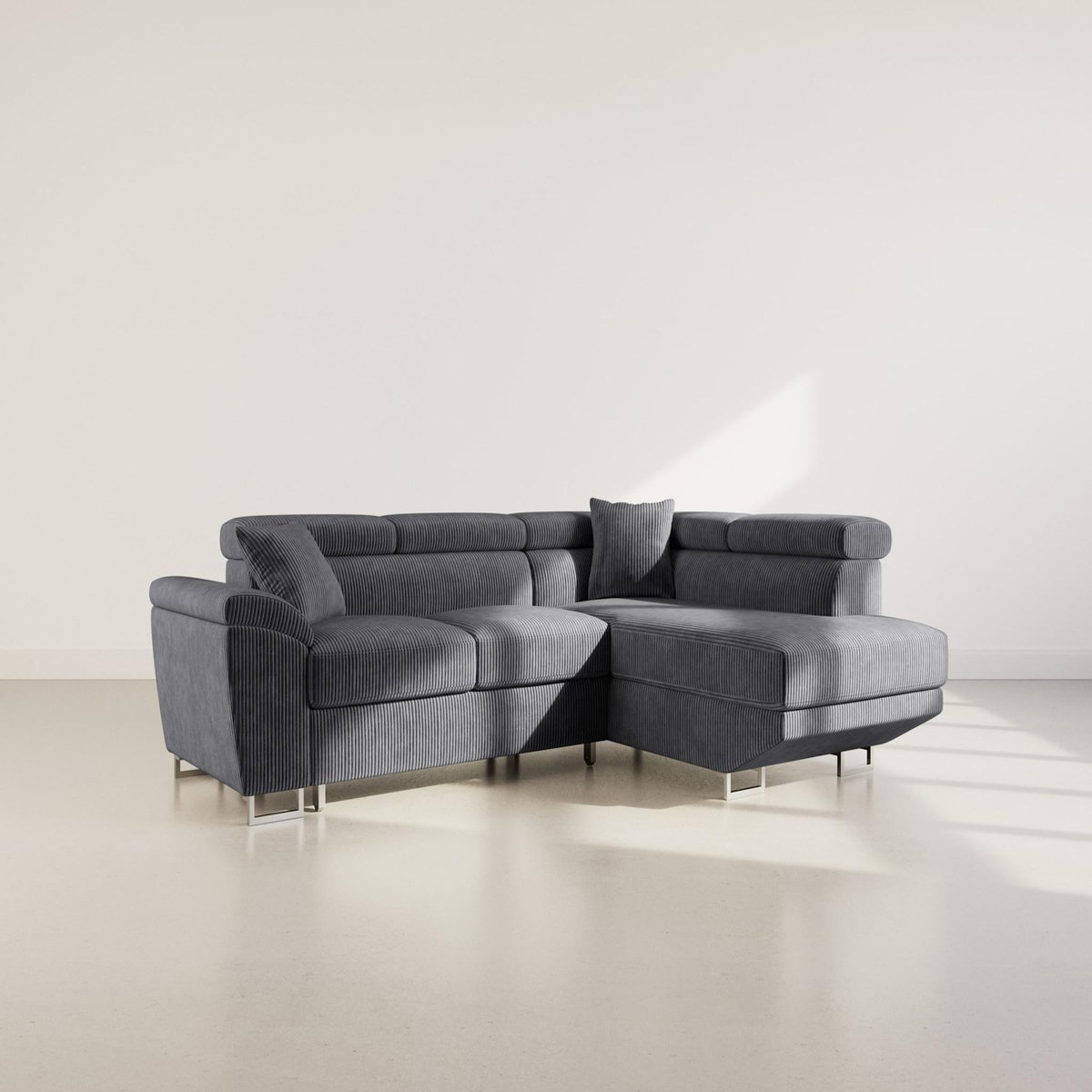 BEST MOBILIER Baoji - canapé d'angle droit 5 places convertible avec têtières et coffre en velours côtelé