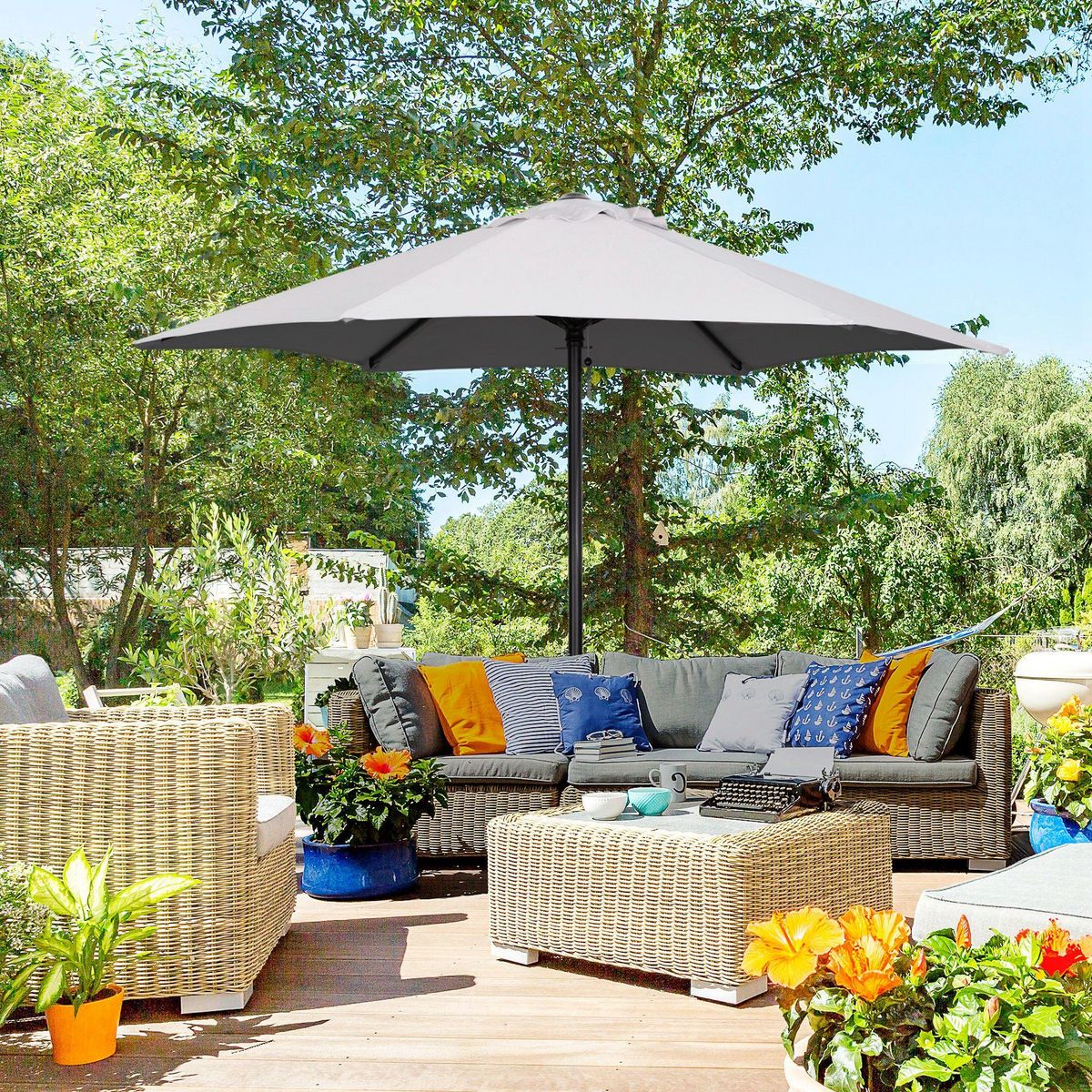 OUTSUNNY Parasol droit de jardin balcon terrasse grande taille toile polyester 160 g/m² Ø 1,96 x 2H m mât alu gris clair