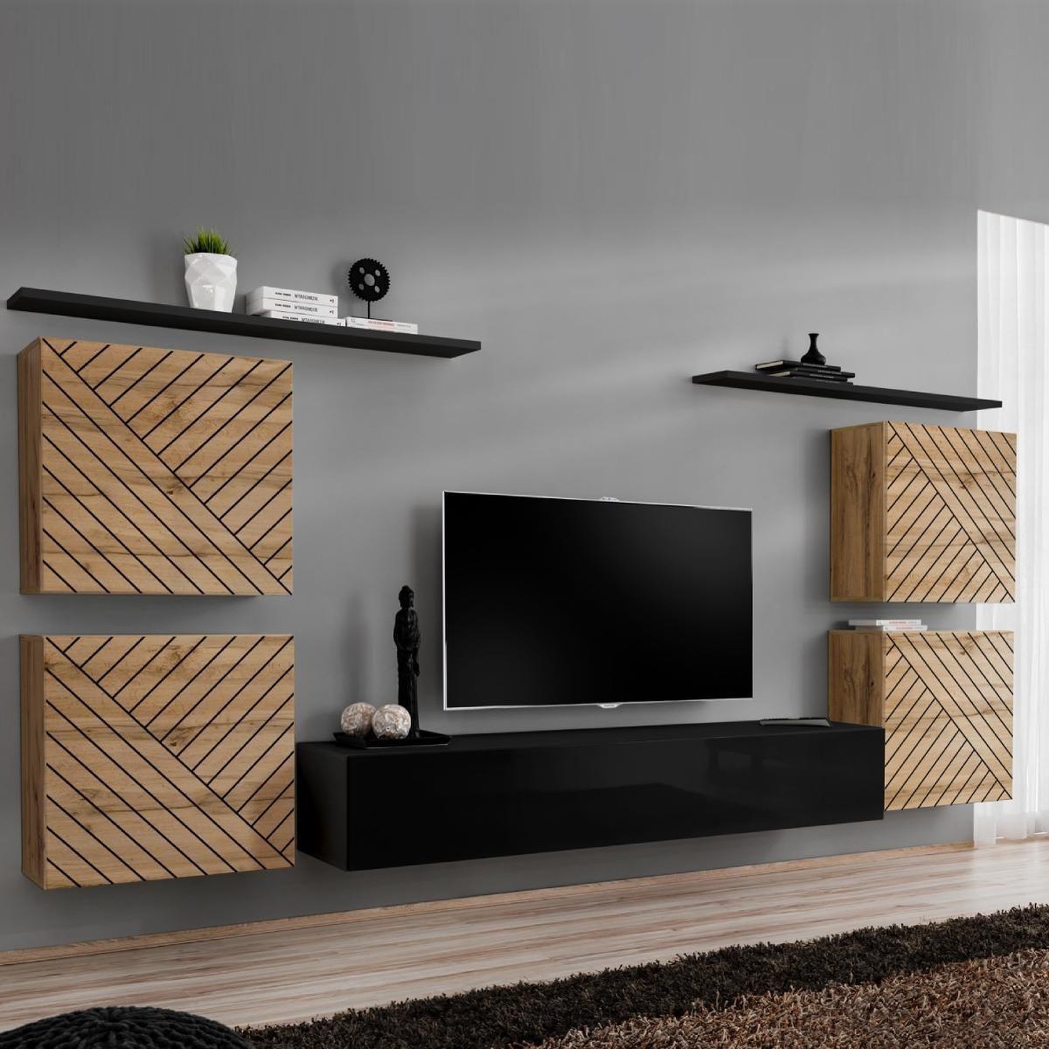 Paris Prix Ensemble meuble tv  switch lamel iv  320cm noir & naturel