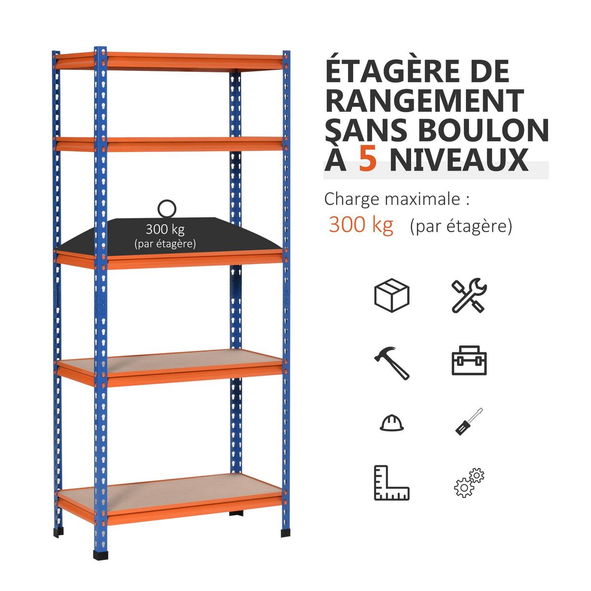 HOMCOM Rayonnage charges lourdes ou volumineuses - étagère garage - 5 tablettes réglables en hauteur - métal bleu orange MDF