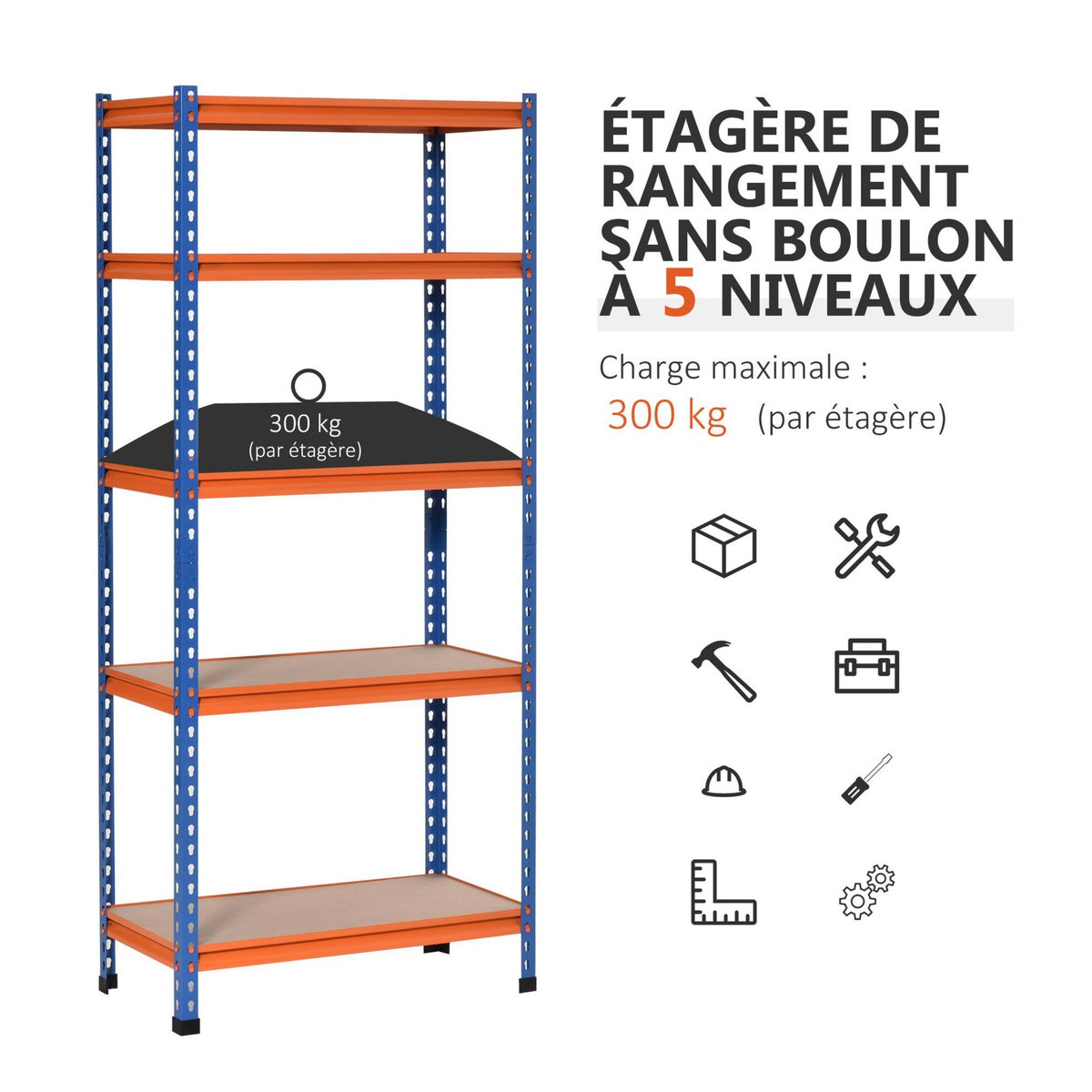 HOMCOM Rayonnage charges lourdes ou volumineuses - étagère garage - 5 tablettes réglables en hauteur - métal bleu orange MDF