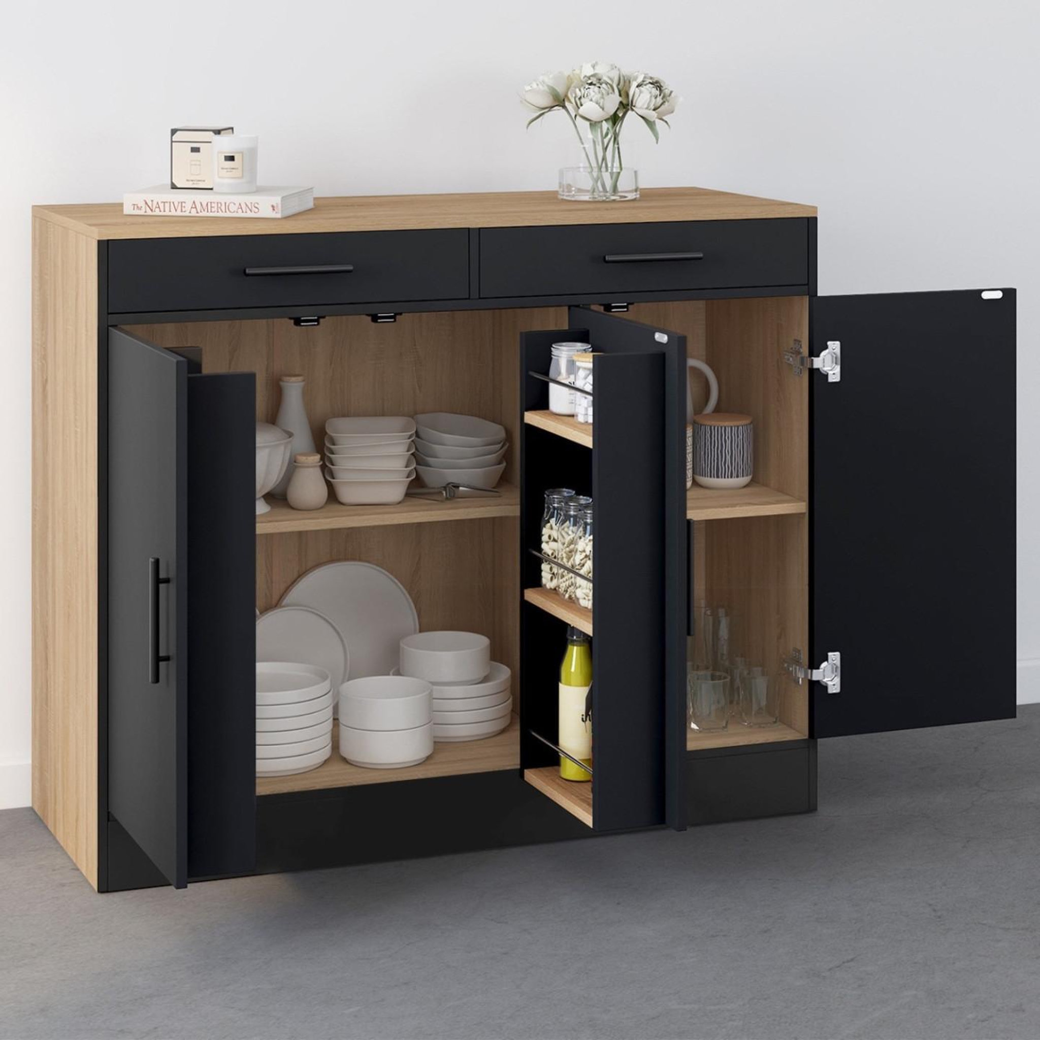 Voir la diapositive 2 : ID MARKET Buffet bas de cuisine 110 cm ALTO avec rangements façon hêtre et noir