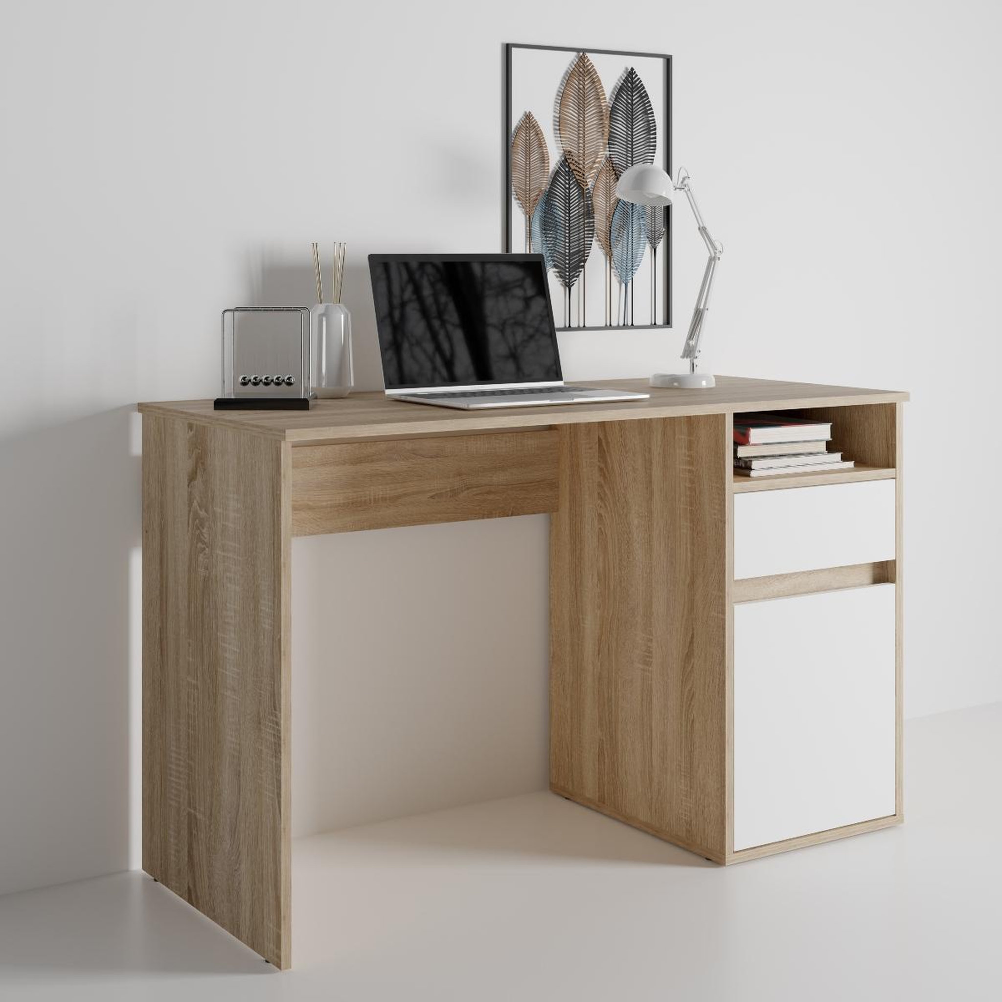Voir la diapositive 3 : JLC KREATION Bureau moderne bois et blanc 120cm avec rangement ALBI