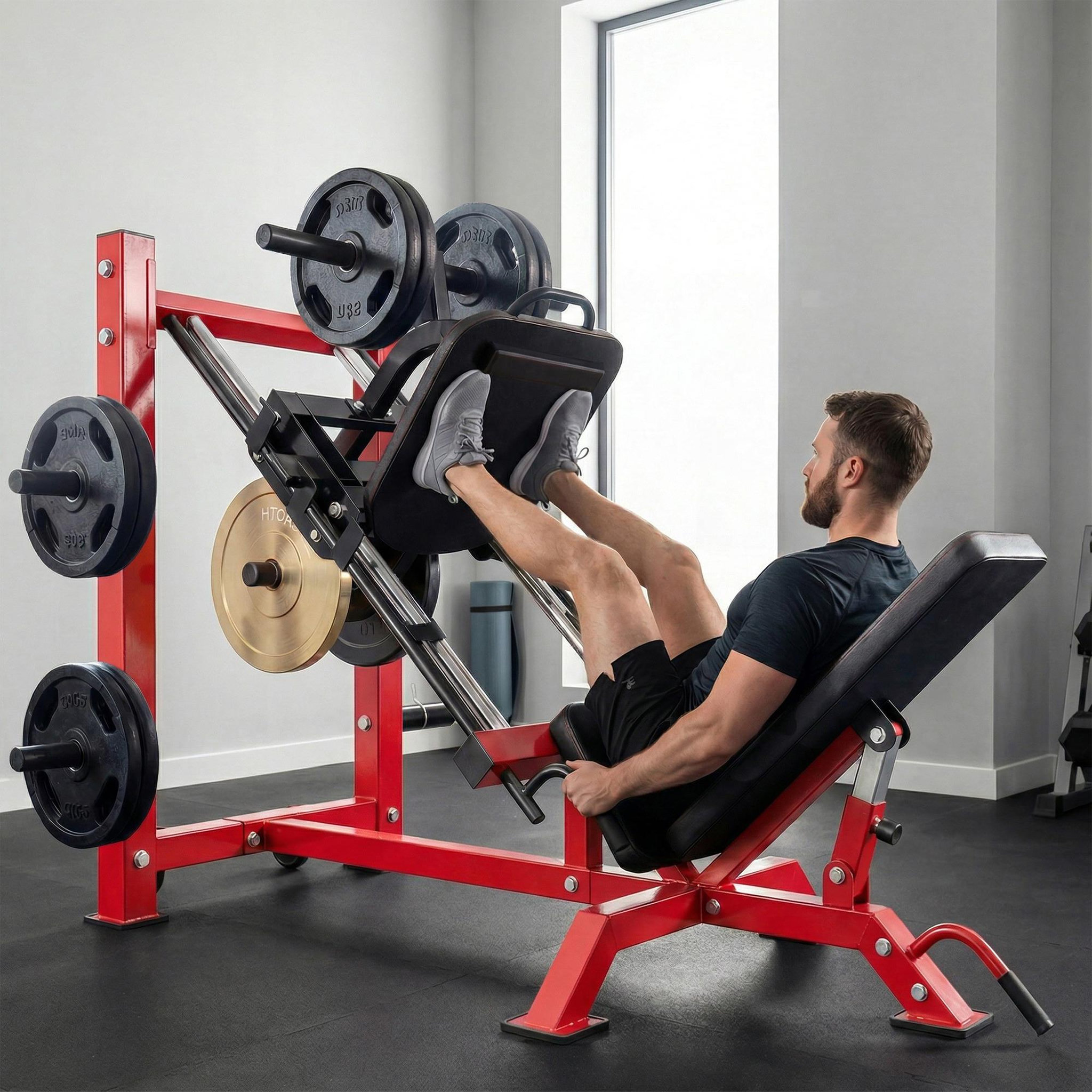 Voir la diapositive 4 : HOMCOM Presse à cuisses leg press machine pro 455kg compatible disques 25/50mm noir rouge