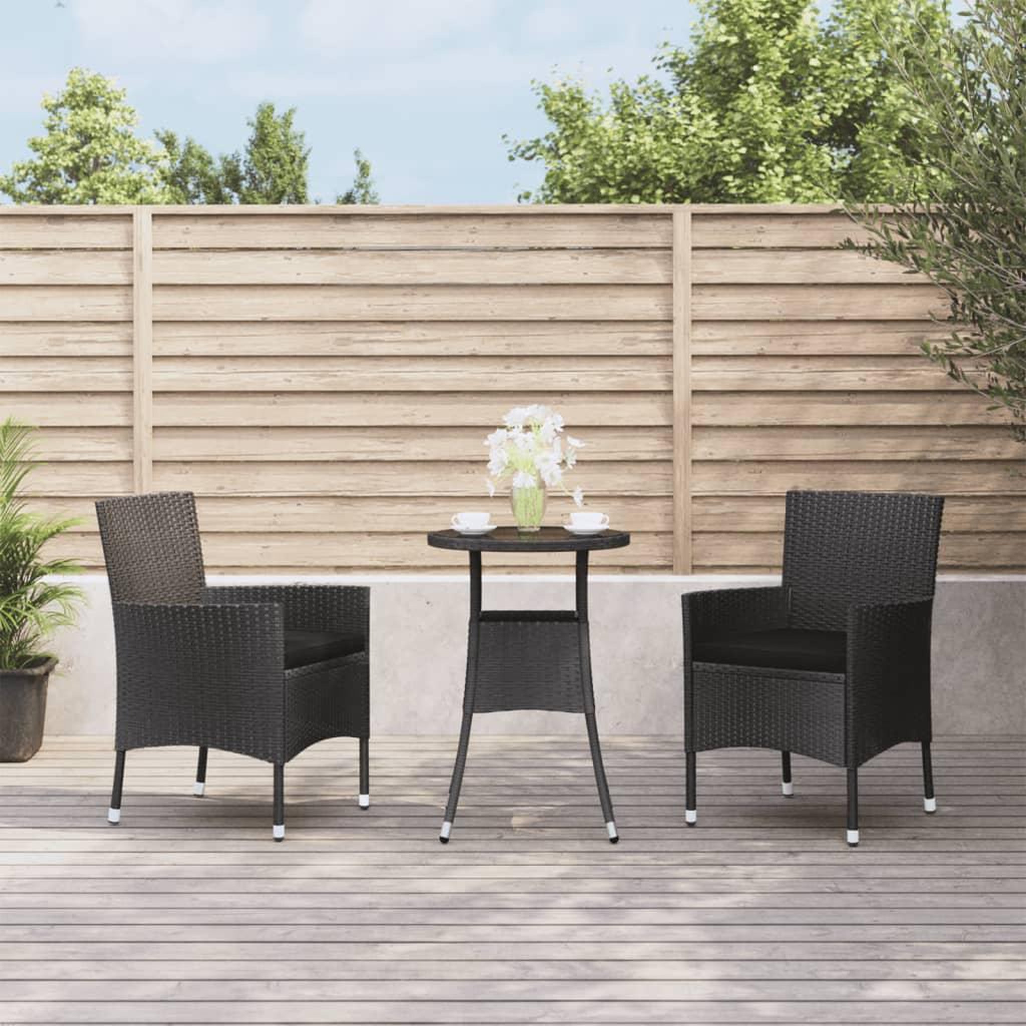 VIDAXL Ensemble de bistro de jardin 3 pcs coussins noir poly rotin