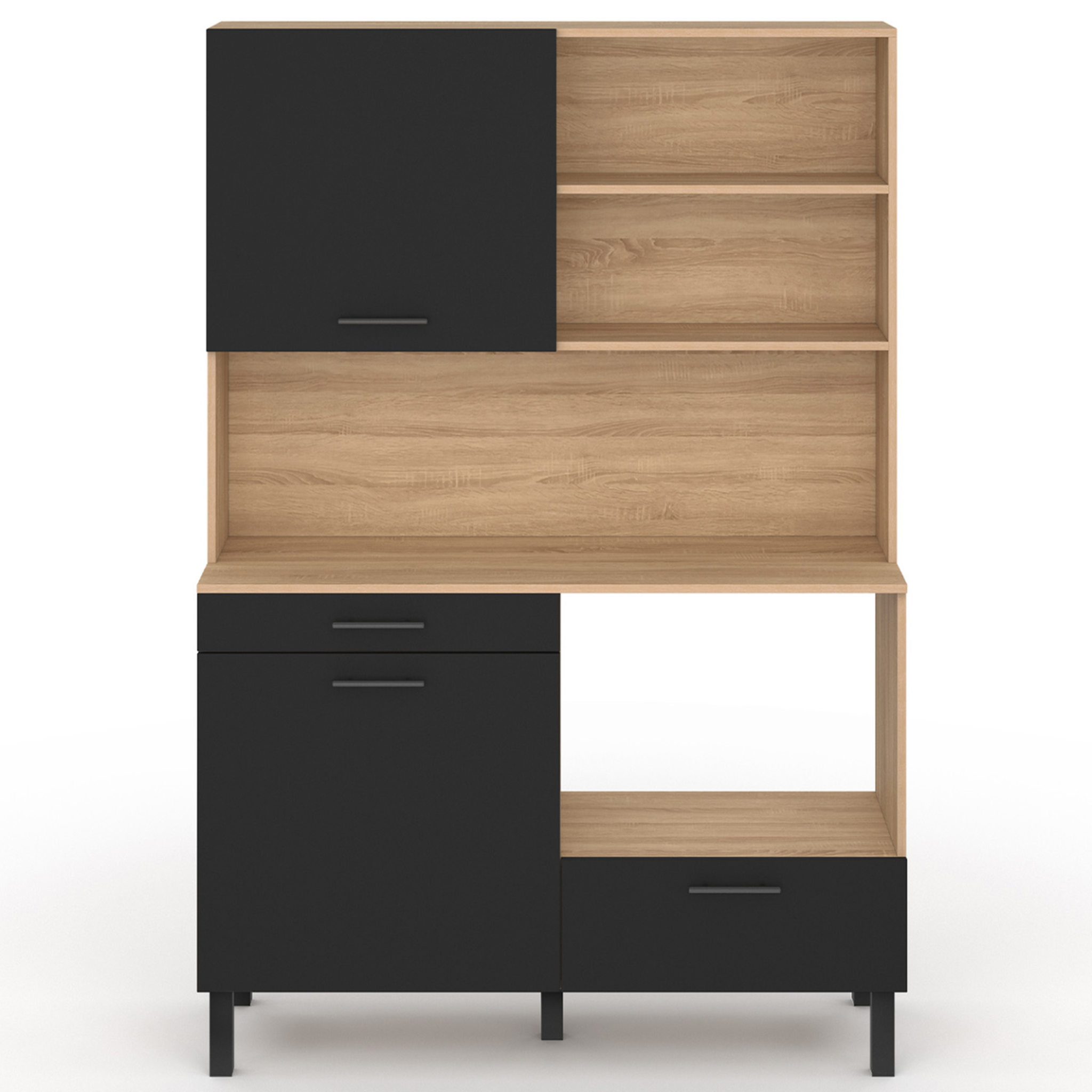 Voir la diapositive 3 : ID MARKET Buffet de cuisine 120 cm cina 3 portes + 1 tiroir façon hêtre et noir