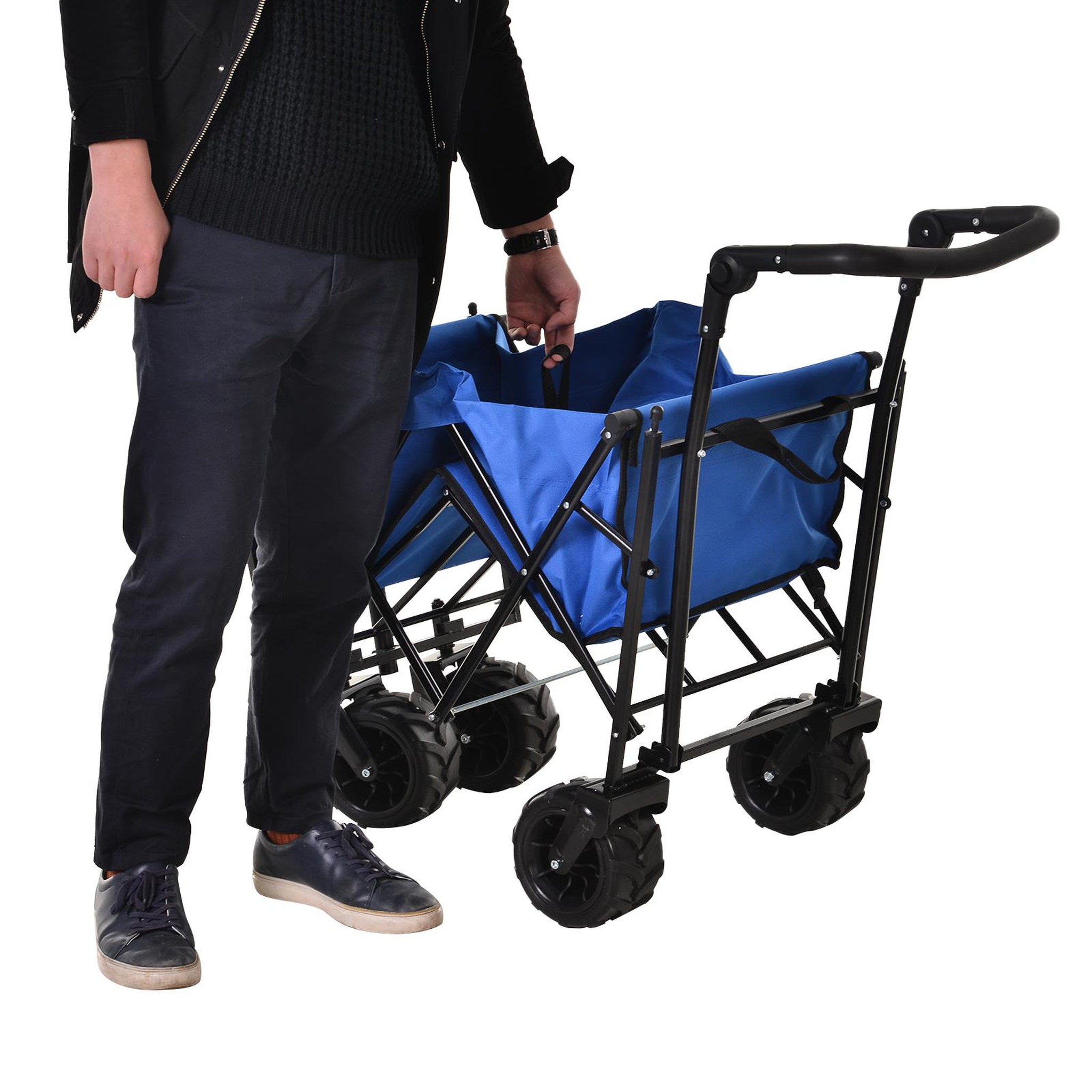 Voir la diapositive 4 : OUTSUNNY Chariot pliant avec toit, poignée, panier - chariot de plage - chariot de transport pliable tout-terrain métal noir oxford bleu