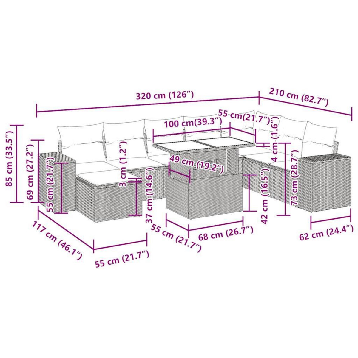 VIDAXL Salon de jardin avec coussins 9 pcs beige resine tressee