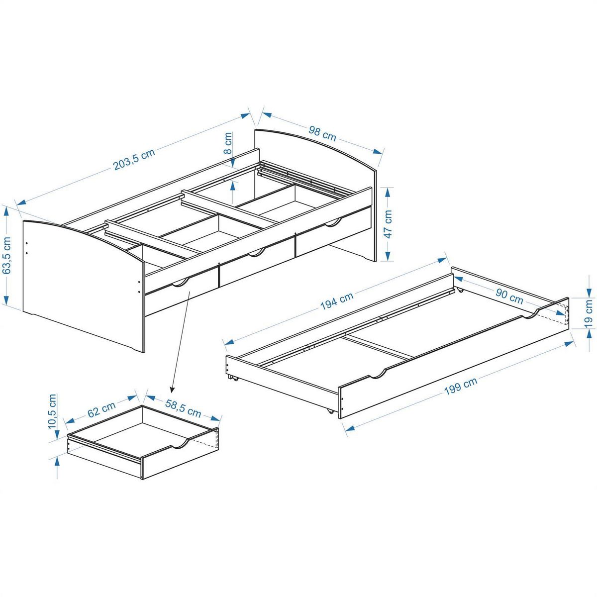 IDIMEX Lit gigogne en pin JULIA, 90 x 200 cm