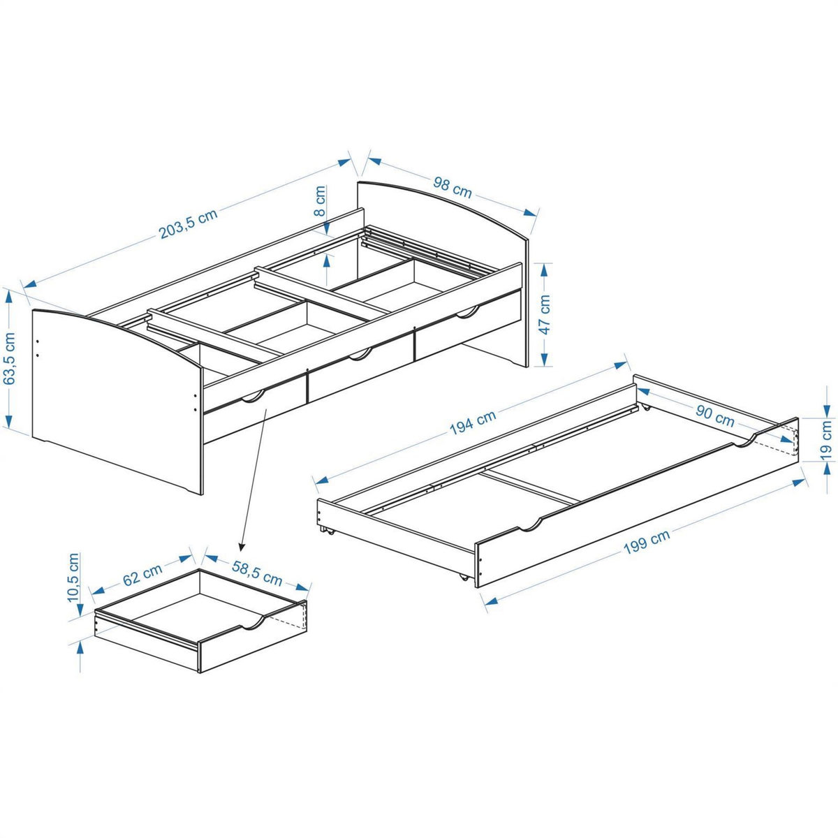 IDIMEX Lit gigogne en pin JULIA, 90 x 200 cm