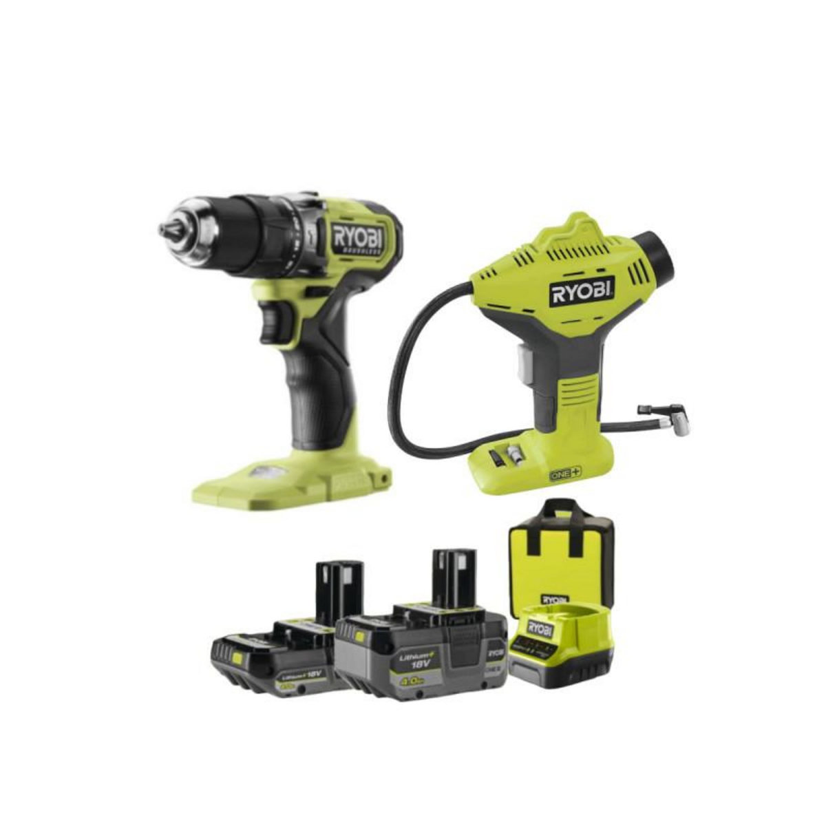 Ryobi Perceuse-visseuse à percussion RYOBI 18V One+ Brushless - Batteries 2,0 et 4,0Ah - Chargeur - Compr