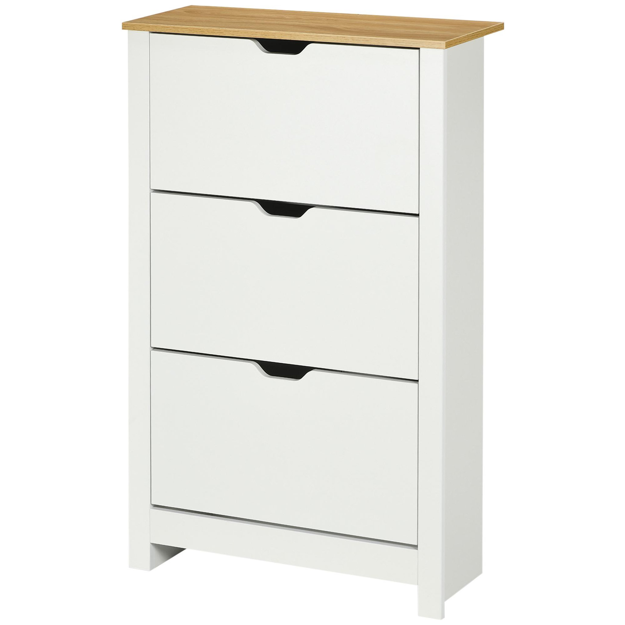 Voir la diapositive 2 : HOMCOM Armoire à chaussures 3 portes abattantes 2 compartiments panneaux particules blanc chêne