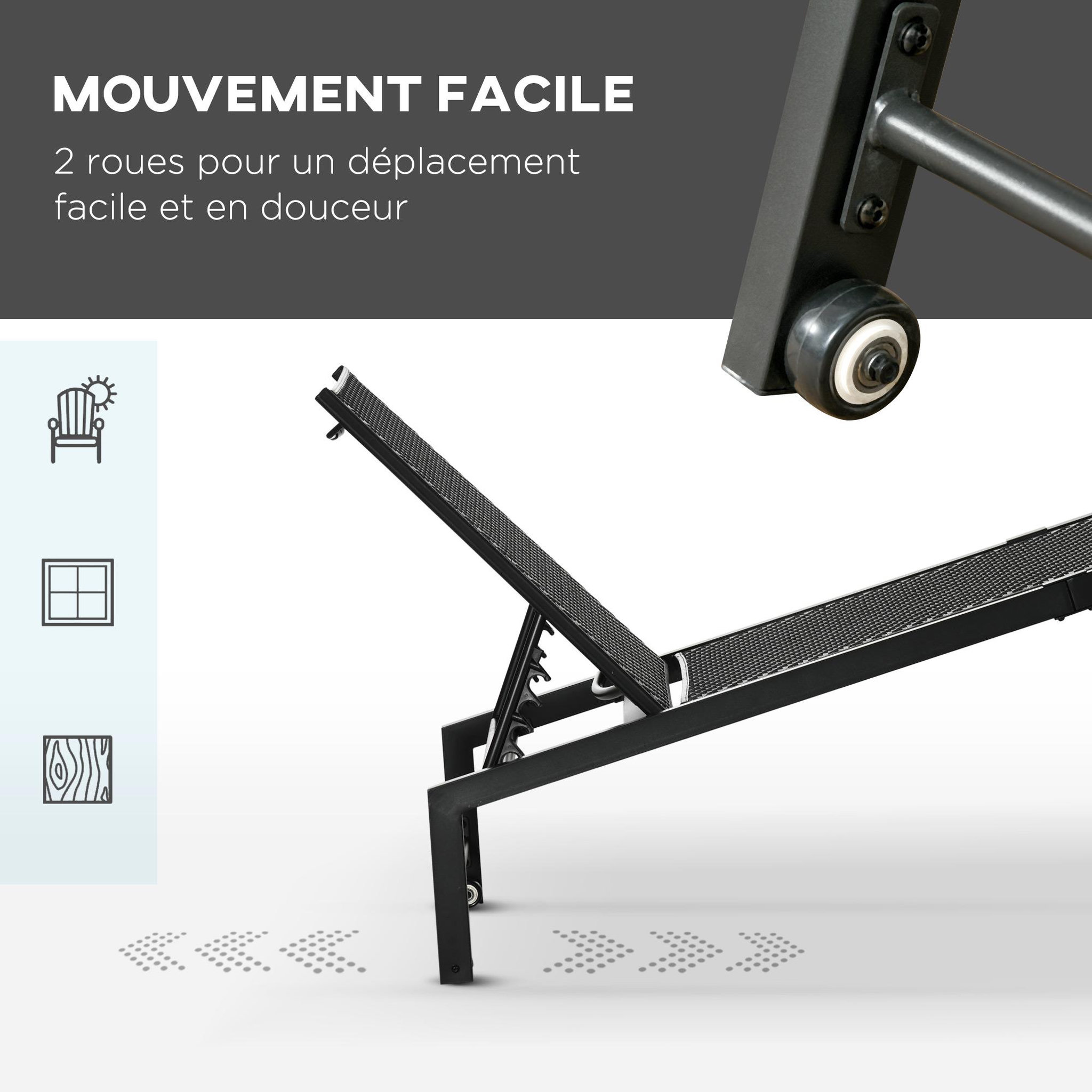 Voir la diapositive 6 : OUTSUNNY Bain de soleil transat grand confort - dossier inclinable 5 positions roulettes - châssis alu. résine tressée noire
