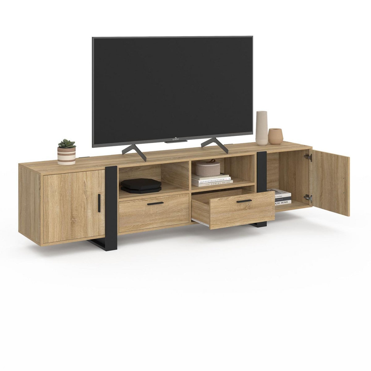 ID MARKET Meuble TV 200 cm PHOENIX 2 portes 2 tiroirs bois et noir