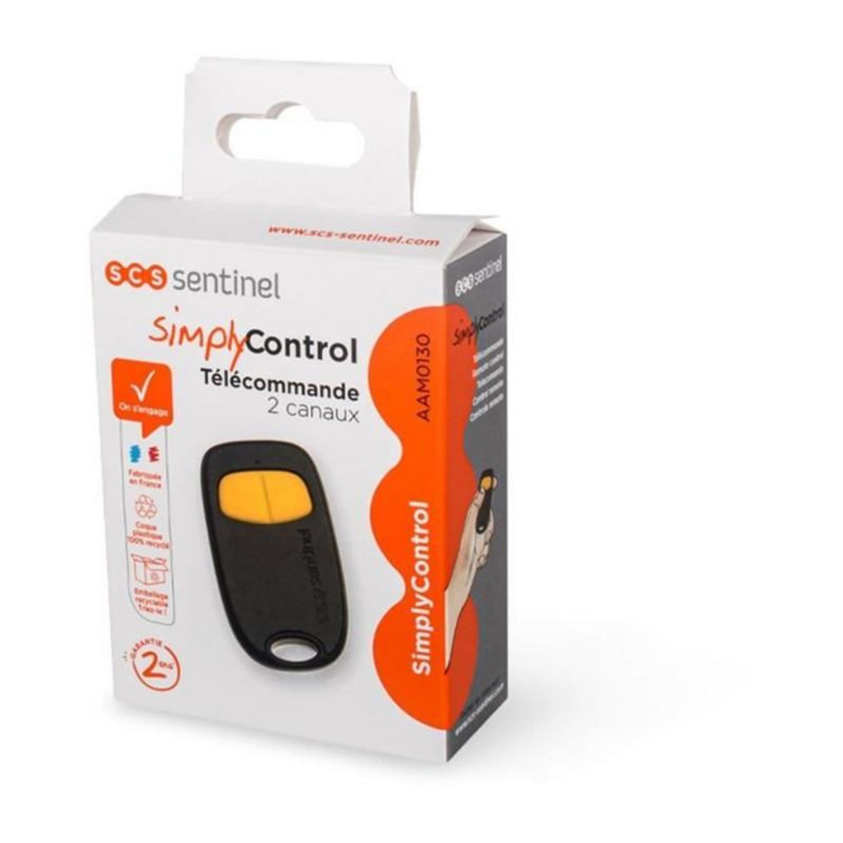 SCS SENTINEL Télécommande 2 canaux - SCS SENTINEL - SimplyControl - Jaune, portée 40m, fréquence 433.92 MHz, pile lithium CR2032 incluse
