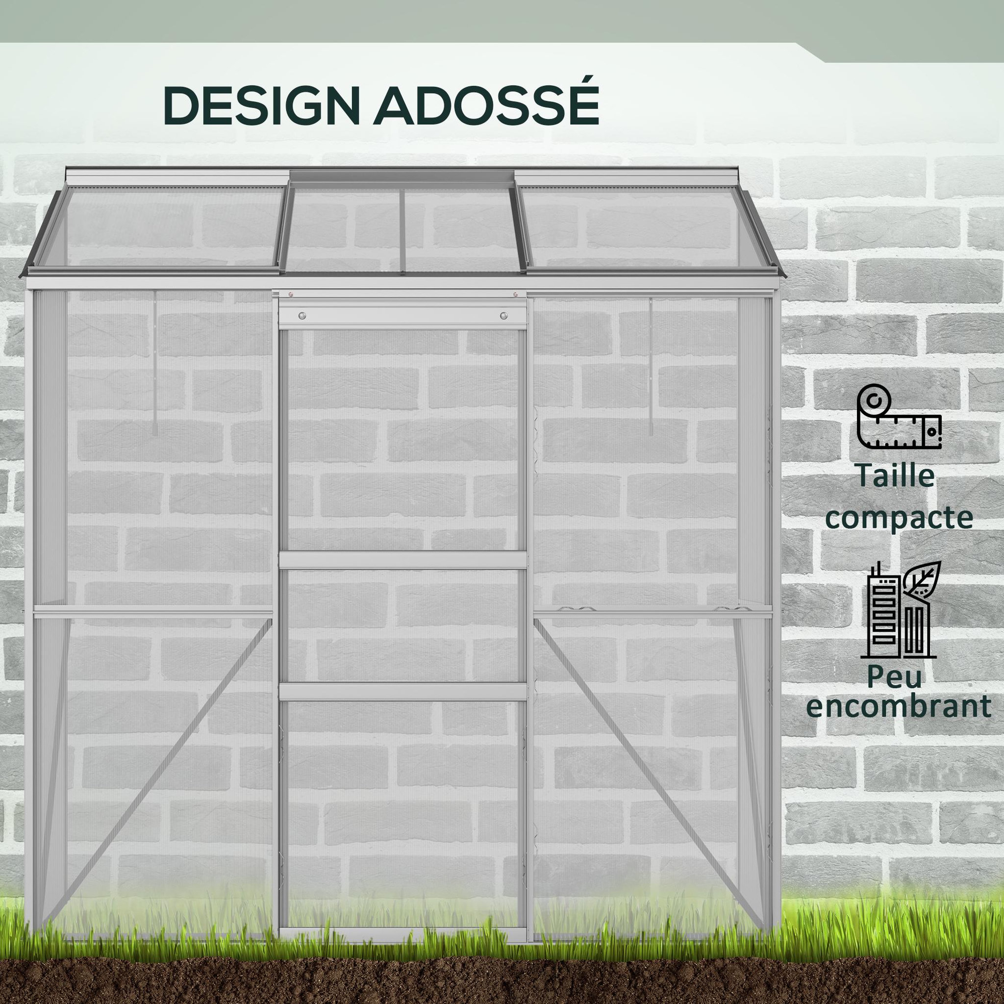 Voir la diapositive 5 : OUTSUNNY Serre adossée de jardin - 2 lucarnes, 2 portes coulissantes - 190 x 70 x 200 cm - alu polycarbonate transparent