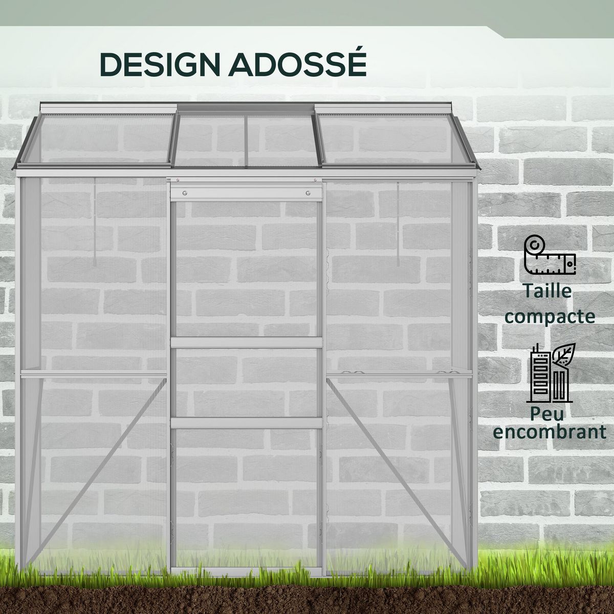 OUTSUNNY Serre adossée de jardin - 2 lucarnes, 2 portes coulissantes - 190 x 70 x 200 cm - alu polycarbonate transparent