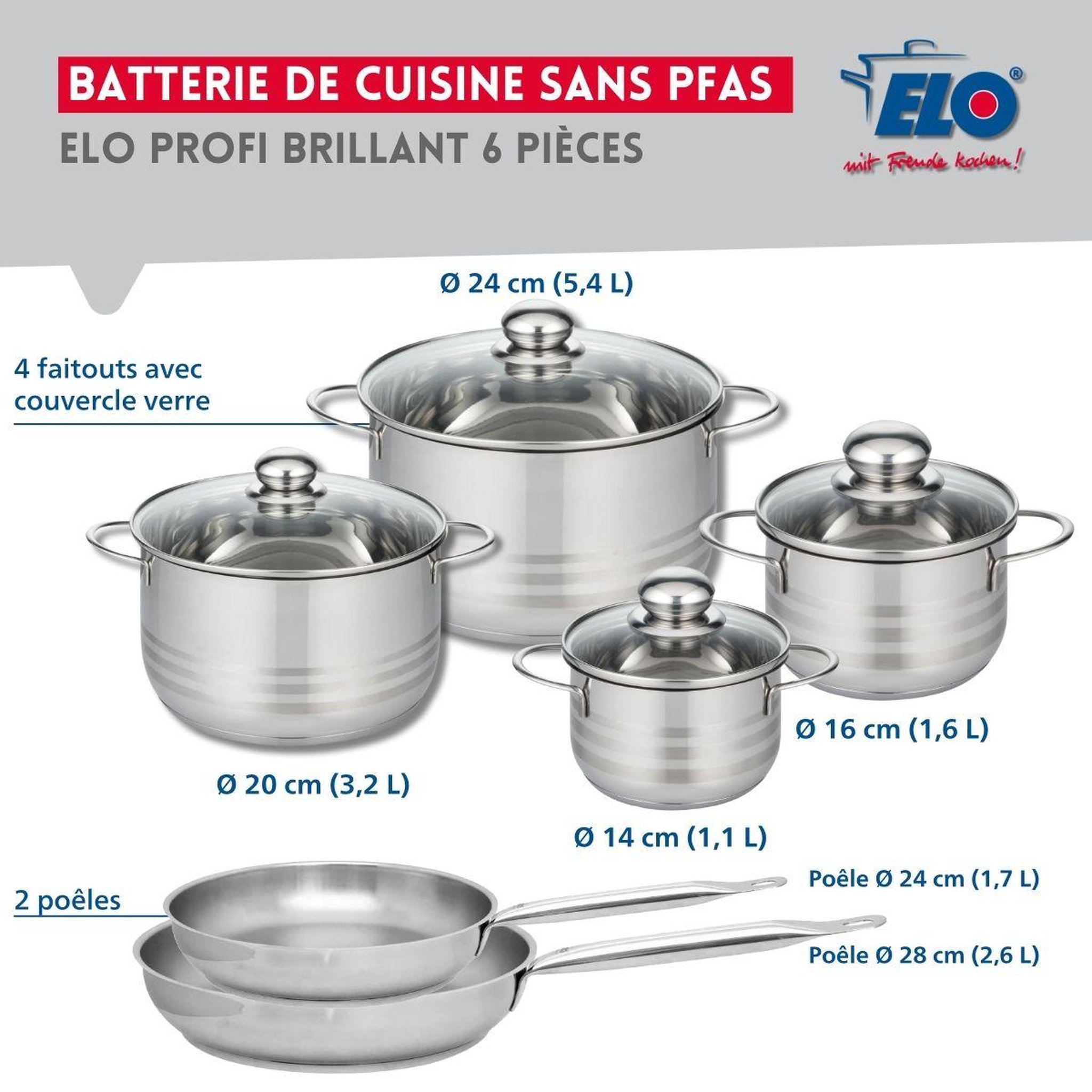 Voir la diapositive 2 : ELO Ensemble de 2 poêles de cuisson 24 et 28 cm et 4 faitouts 14, 16, 20 et 24 cm elo profi brillant