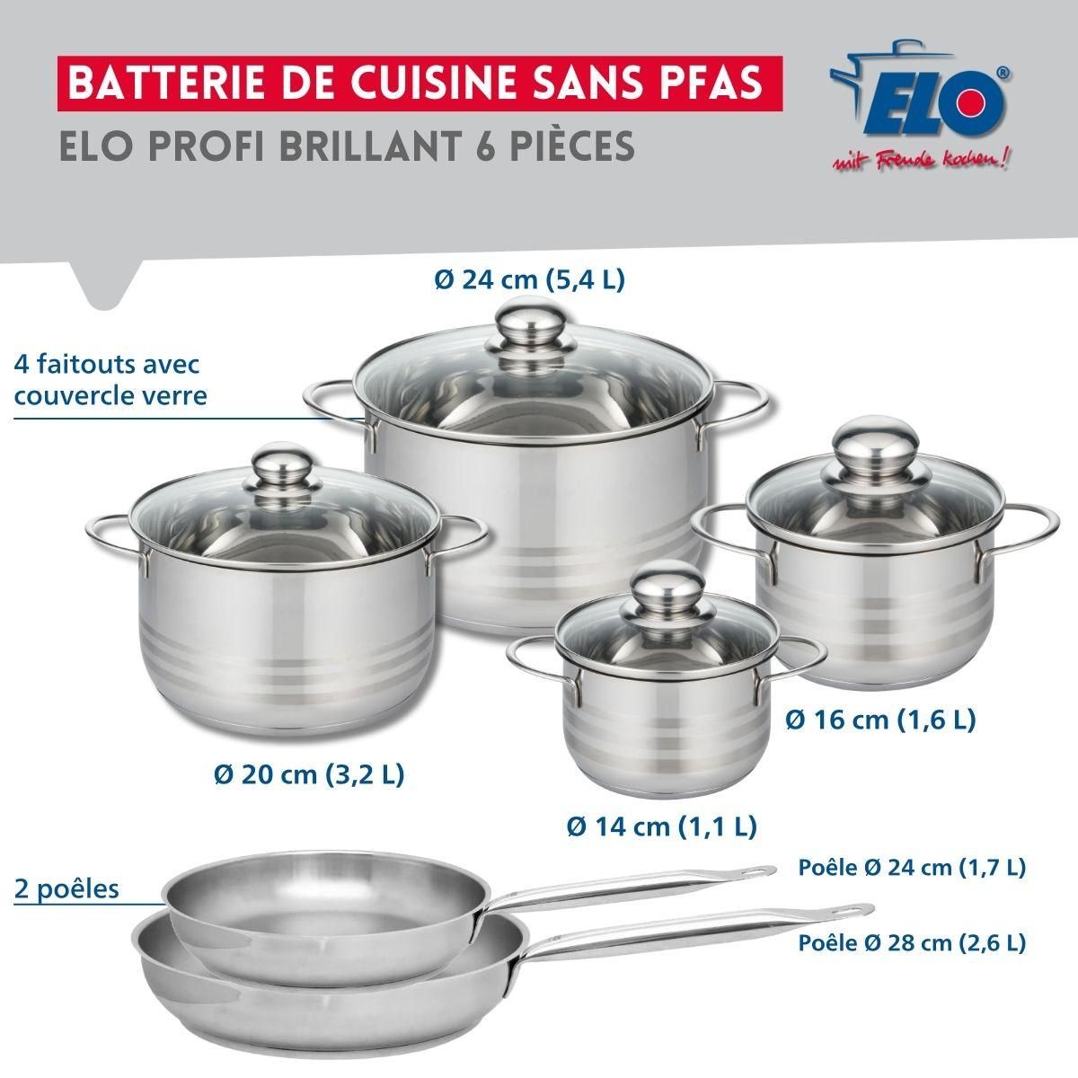 ELO Ensemble de 2 Poêles de cuisson 24 et 28 cm et 4 faitouts 14, 16, 20 et 24 cm Elo Profi Brillant