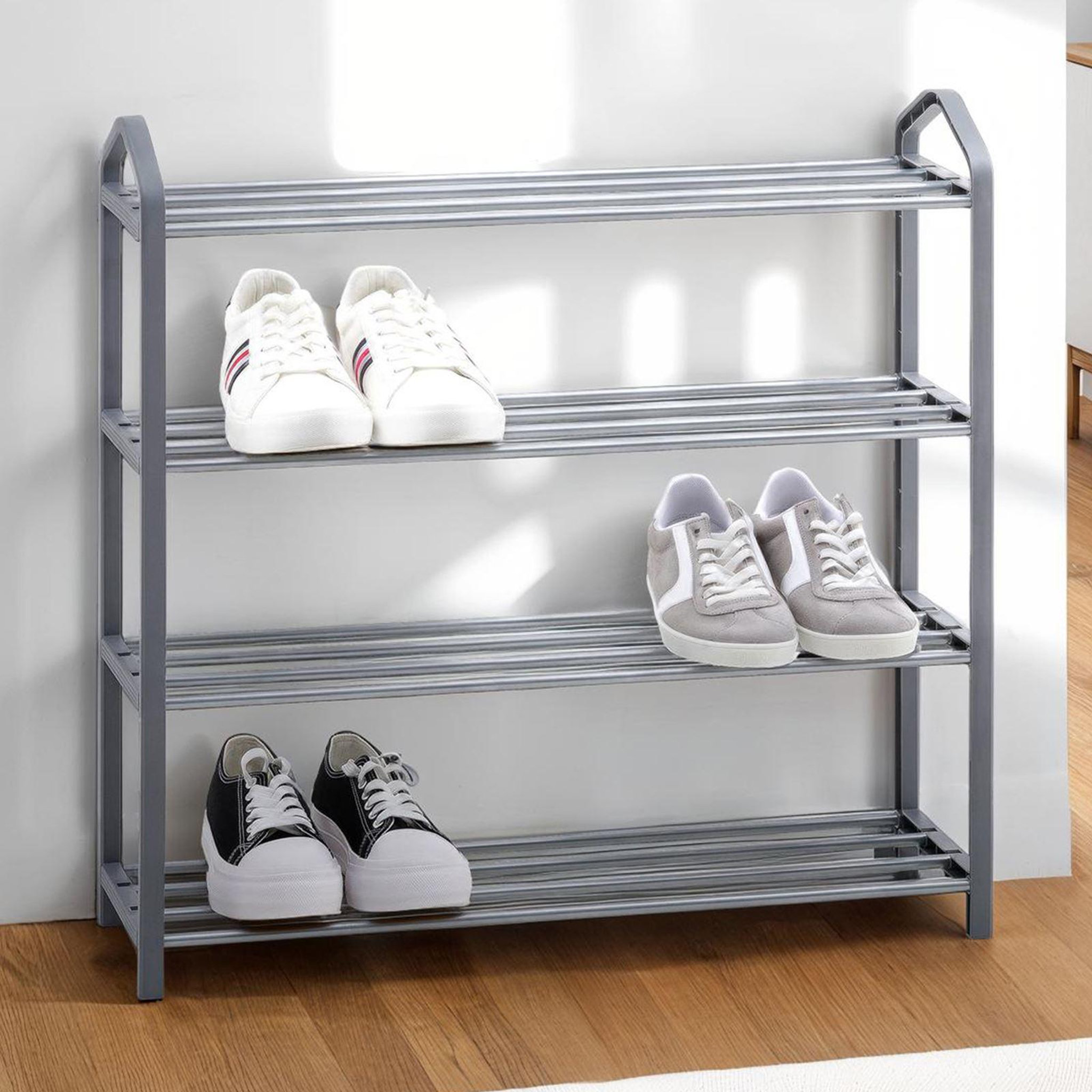 Voir la diapositive 2 : IDIMEX Étagère à chaussures TRALEE à quatre niveaux, en métal et plastique