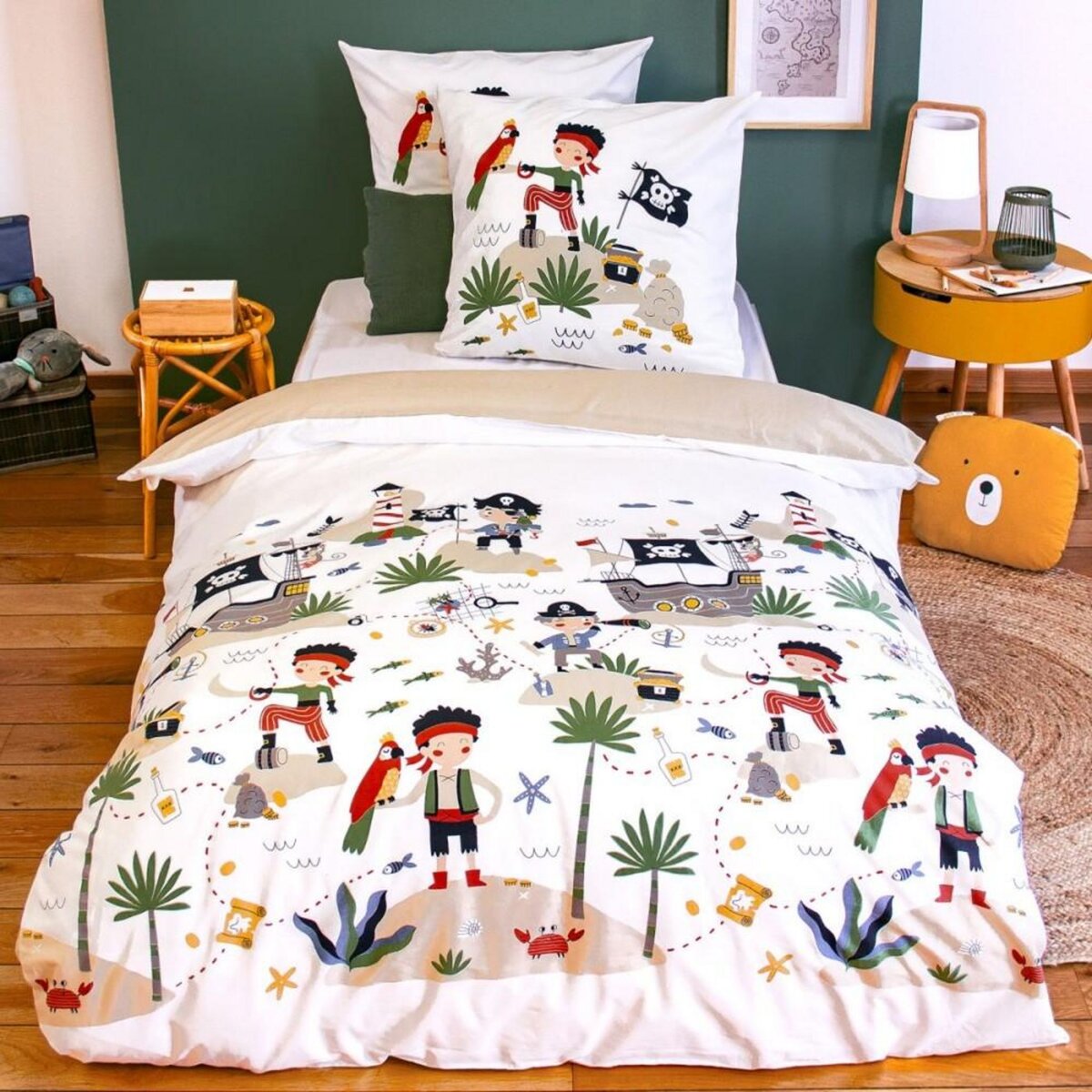 COTE DECO Housse de couette 140x200 + 1 taie PIRATE réversible INDIEN