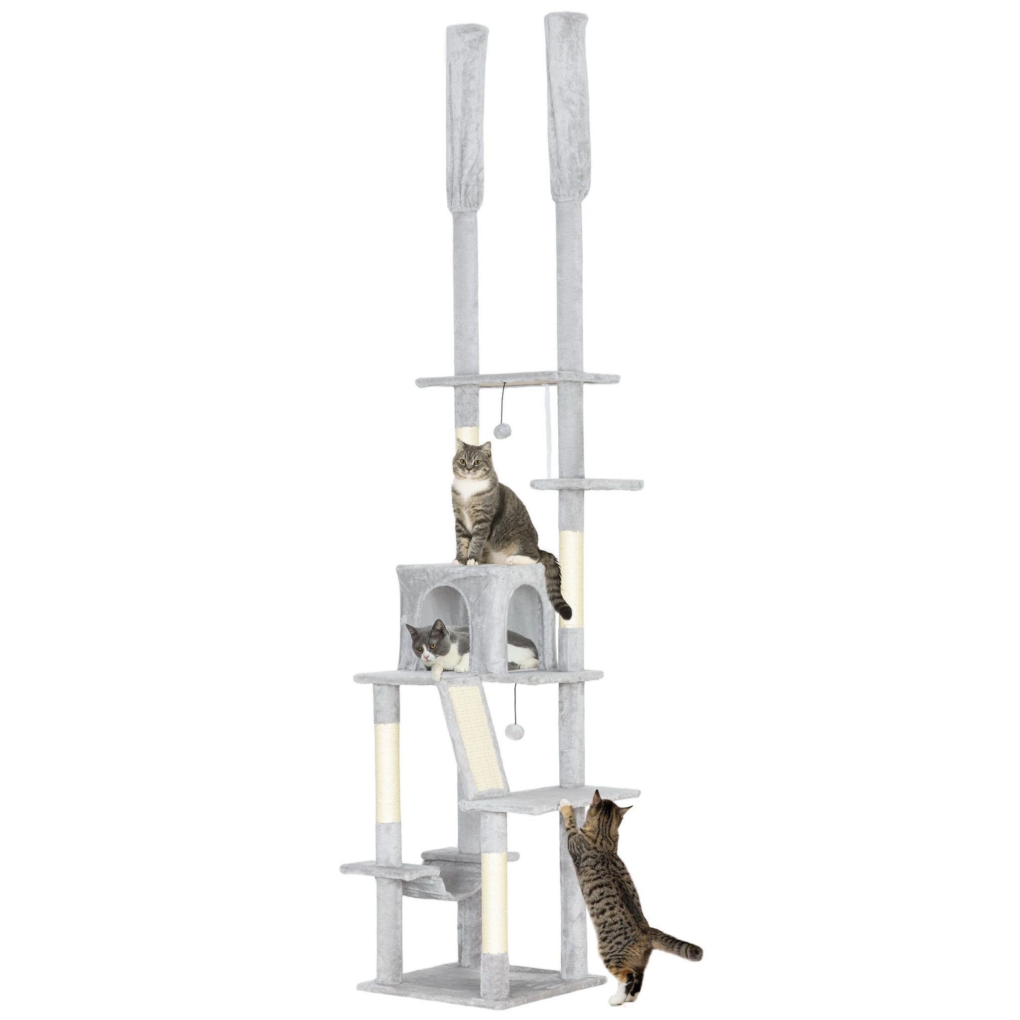 PAWHUT Arbre à chat du sol au plafond xxl, hauteur réglable 225-255 cm, griffoir pour chat en sisal à 6 niveaux avec niche, hamac, plates-formes, échelle et 2 pompons suspendues, gris clair