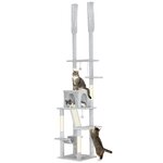 PAWHUT Arbre à chat du sol au plafond XXL, hauteur réglable 225-255 cm, griffoir pour chat en sisal à 6 niveaux avec niche, hamac, plates-formes, échelle et 2 pompons suspendues, gris clair