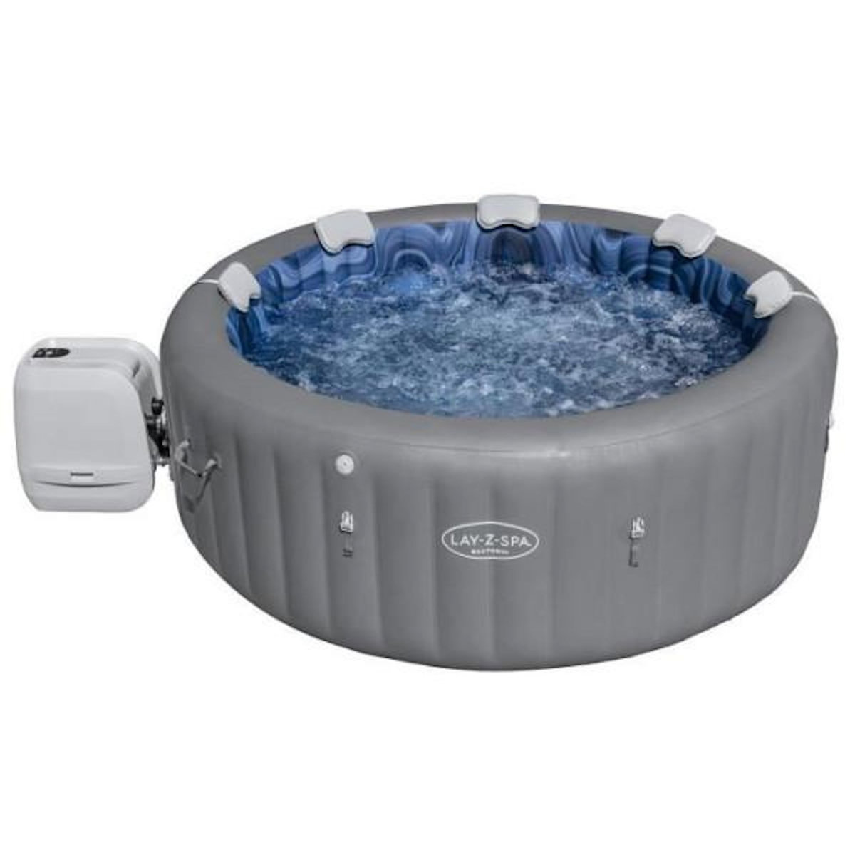 BESTWAY Spa gonflable BESTWAY - Lay-Z-Spa Santorini - 5 a 7 places -Rond (Livré avec 5 appuie-tete rembourrés + 2 LED a eau ColorJet)
