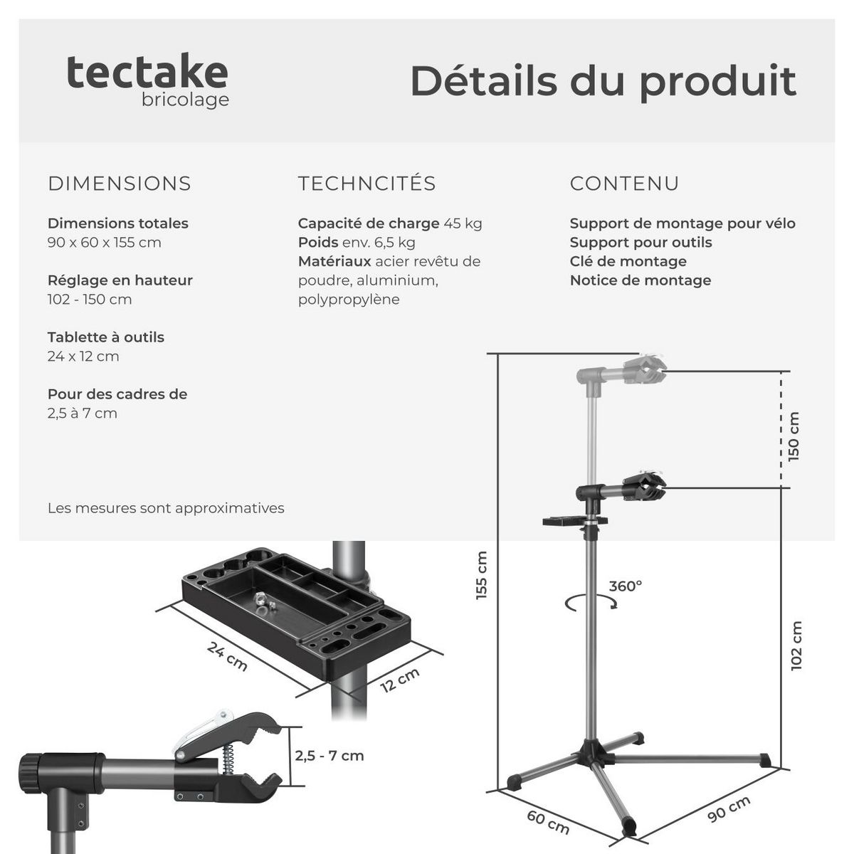 tectake Pied d'atelier vélo support de montage pour tous les modèles courants noir