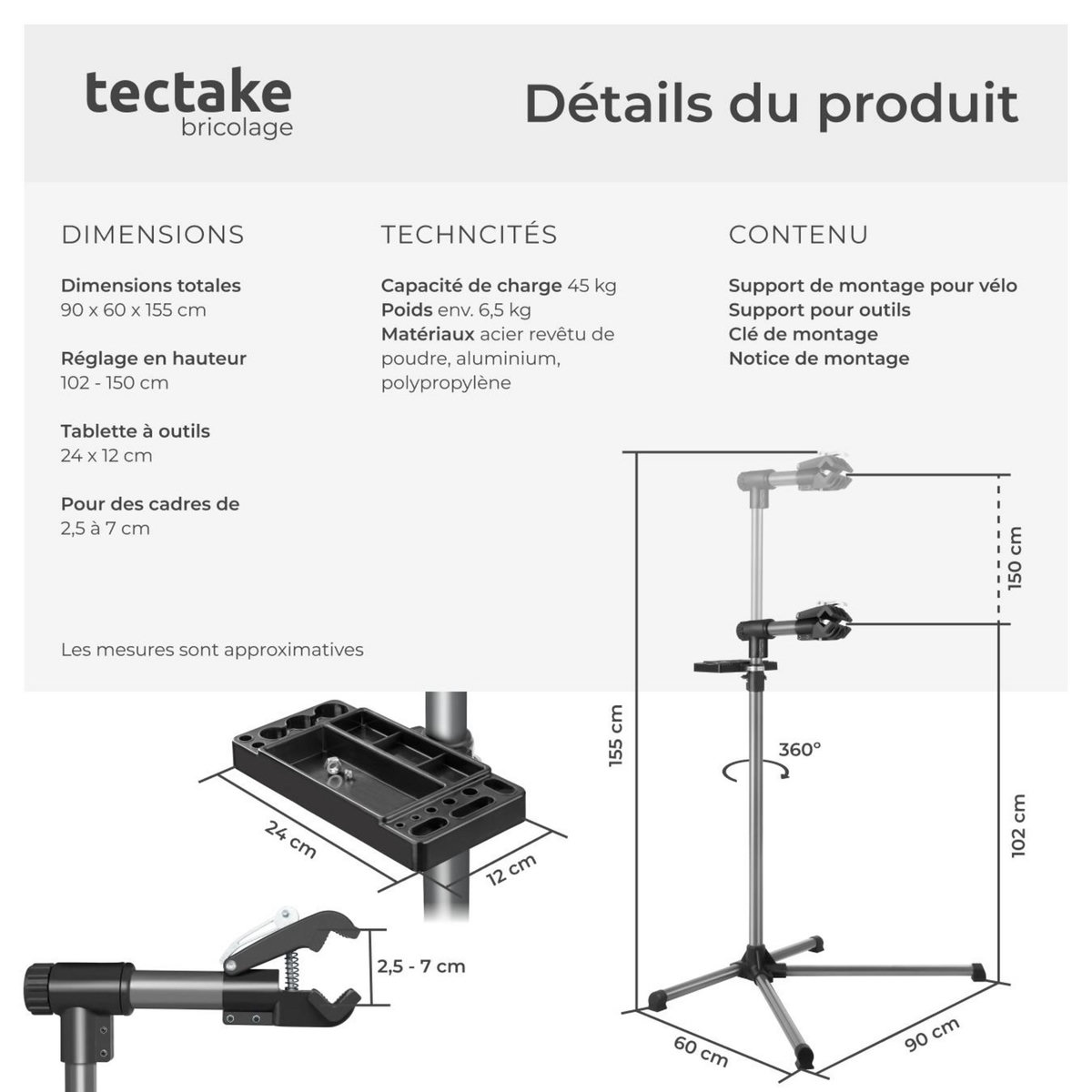tectake Pied d'atelier vélo support de montage pour tous les modèles courants noir