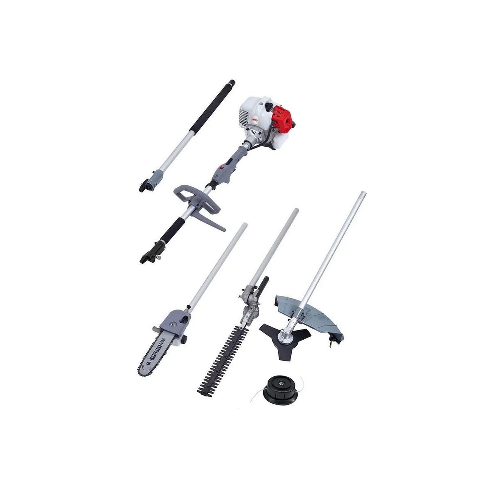 Ikra Outils de jardin multifonction thermique 4 en 1 taille haie + élagueuse + débroussailleuse (lame et bobine) ikra