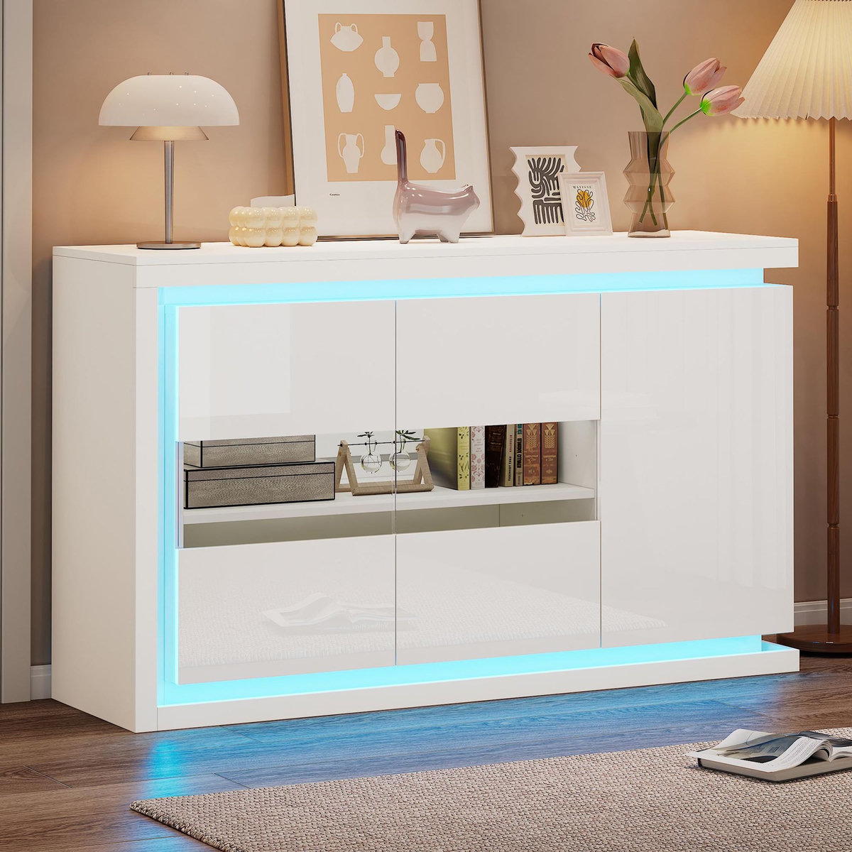 MERAX Buffet 3 porte(s) 0 tiroir(s) - 140 cm blanc led panneau de particules