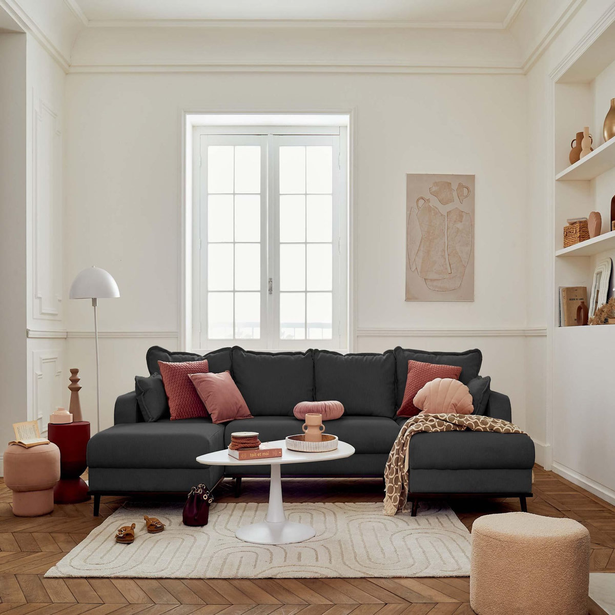 LISA DESIGN Albane - canapé panoramique en u - 7 places - convertible avec coffre - en velours côtelé